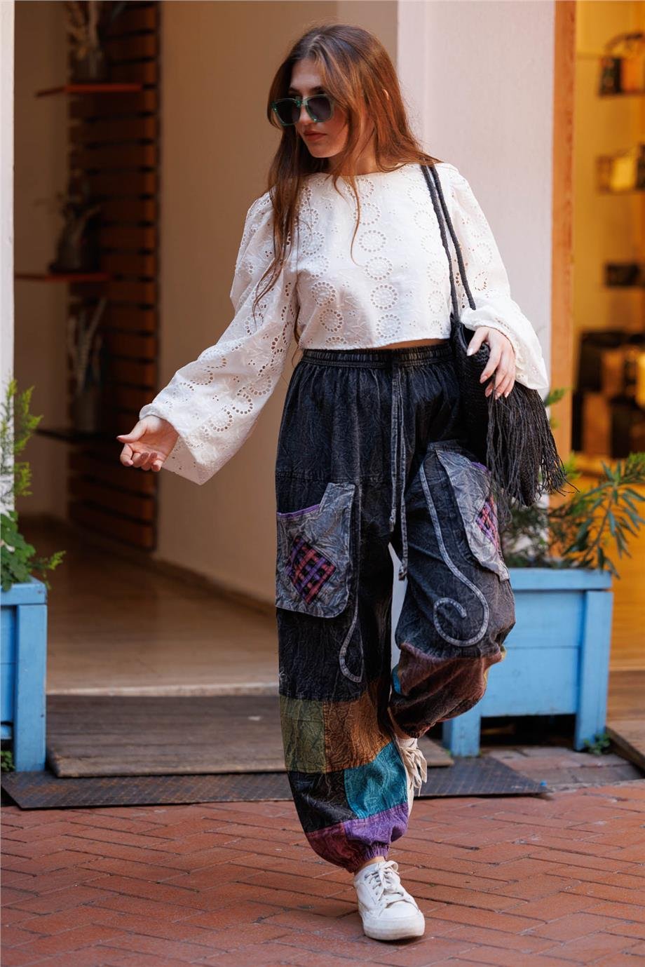 Antrasit Renk Cep Detaylı Patchwork Bohem Pantolon
