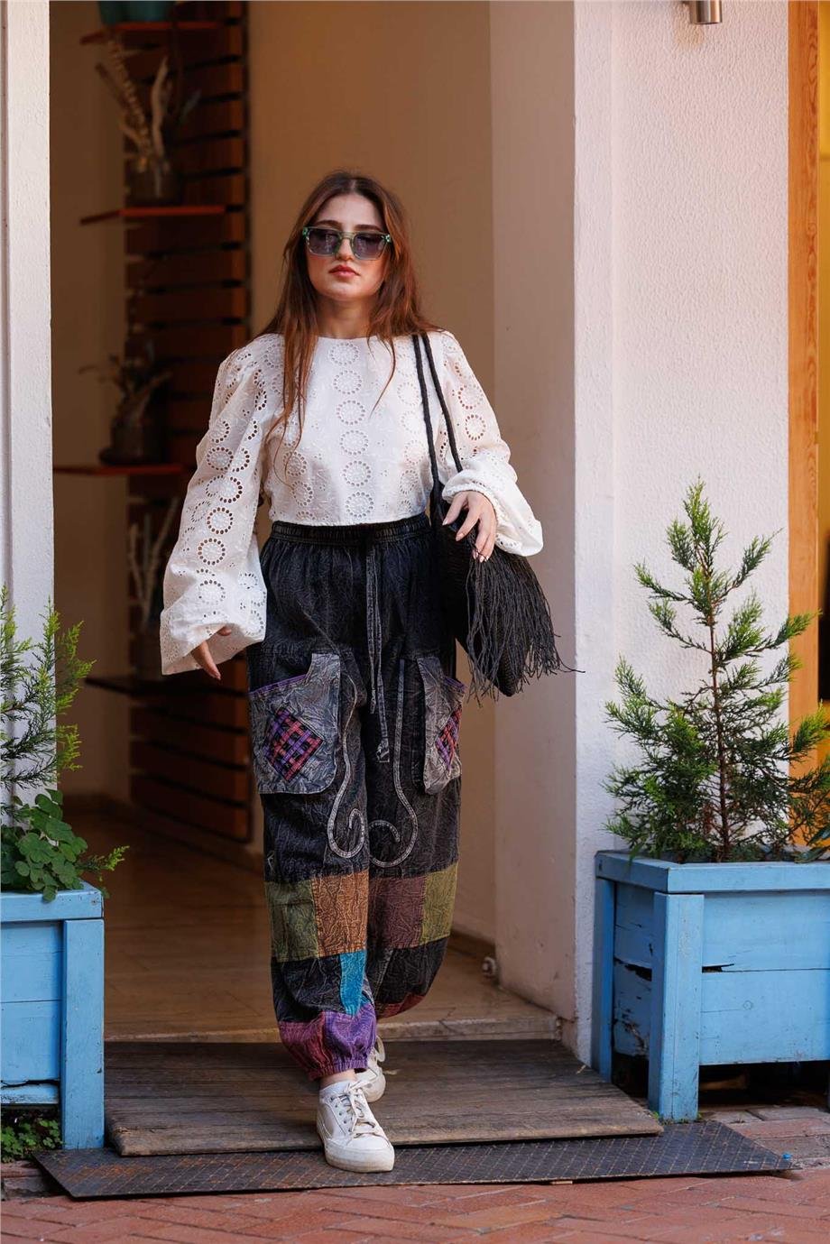 Antrasit Renk Cep Detaylı Patchwork Bohem Pantolon