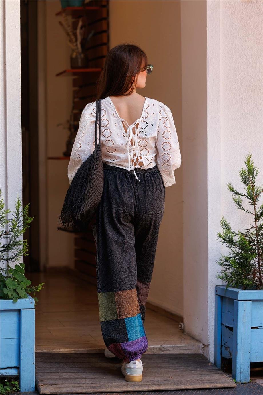 Antrasit Renk Cep Detaylı Patchwork Bohem Pantolon