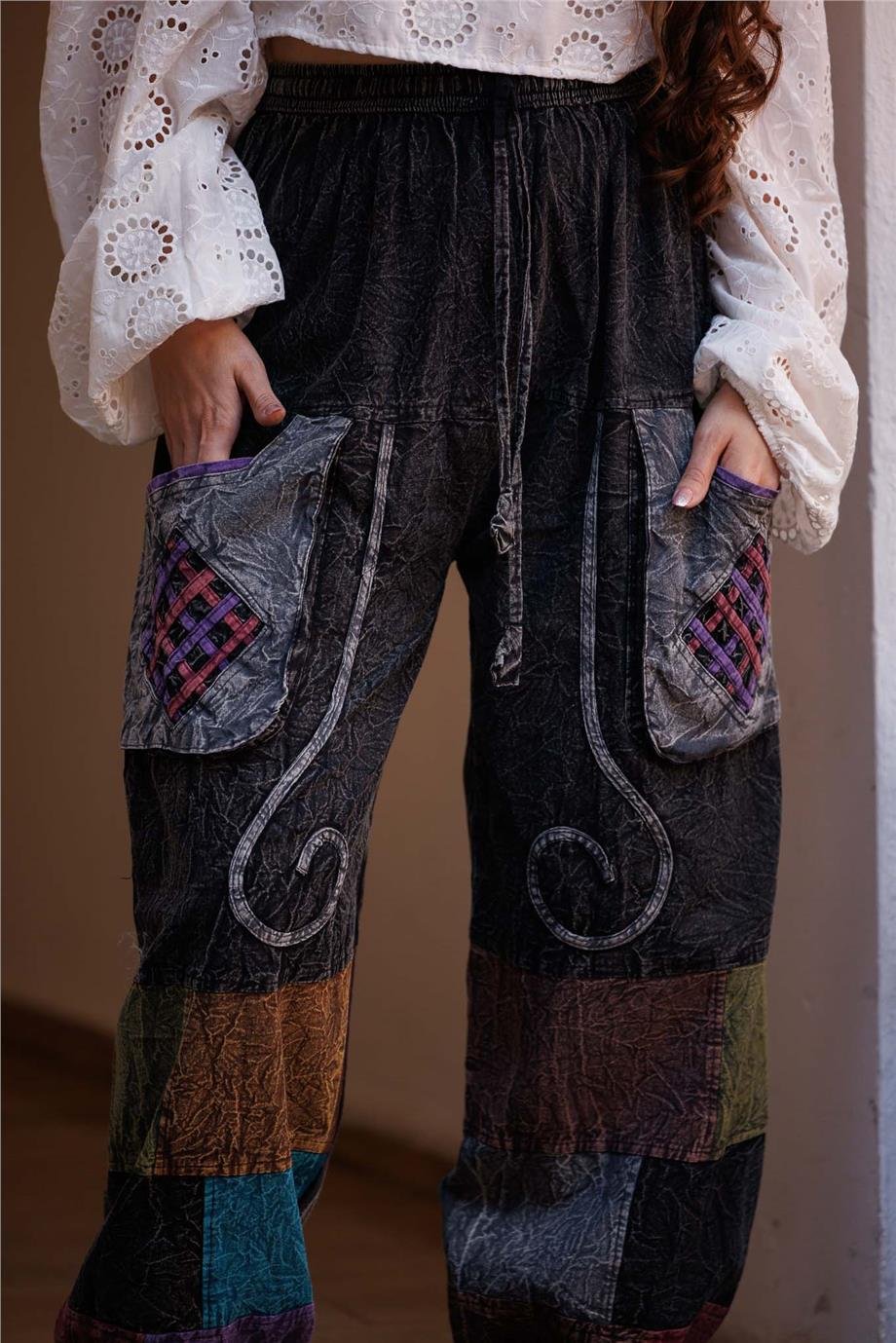 Antrasit Renk Cep Detaylı Patchwork Bohem Pantolon