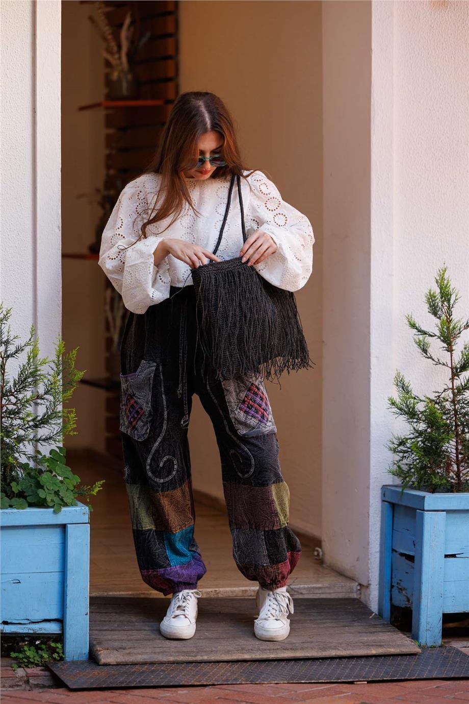 Antrasit Renk Cep Detaylı Patchwork Bohem Pantolon