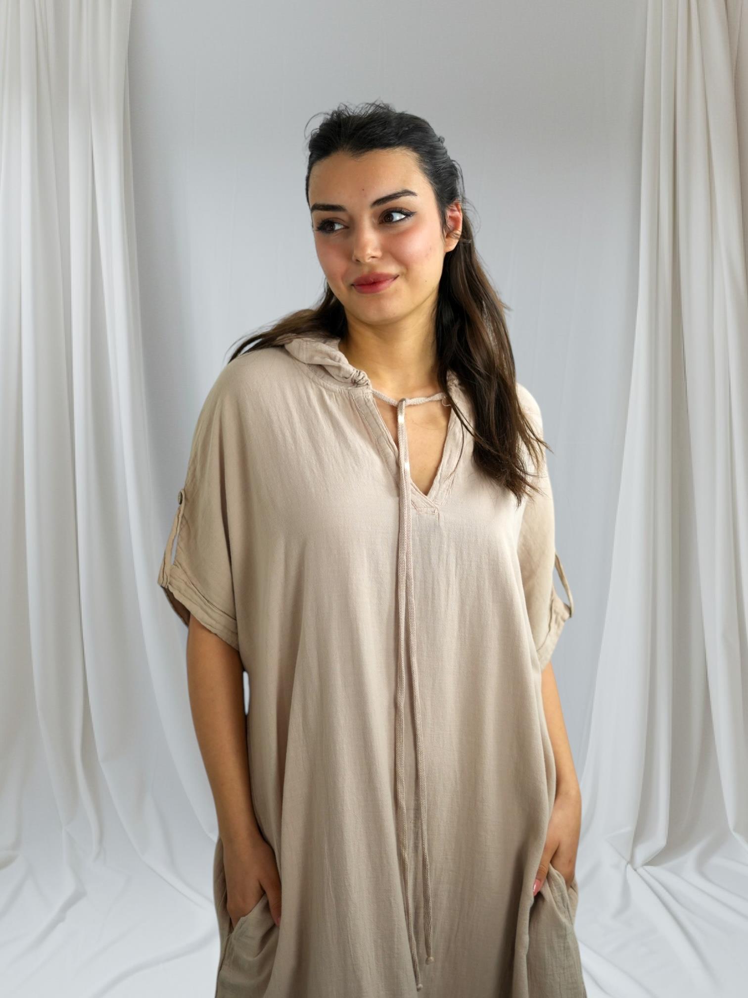 Bej Kapüşonlu Elbise