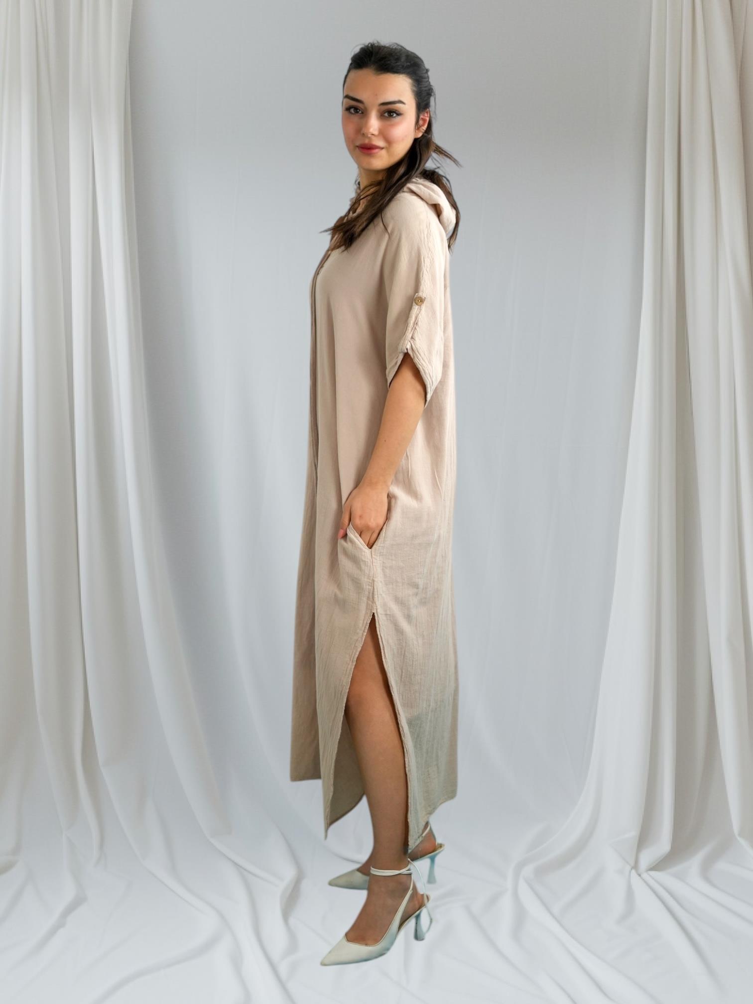 Bej Kapüşonlu Elbise