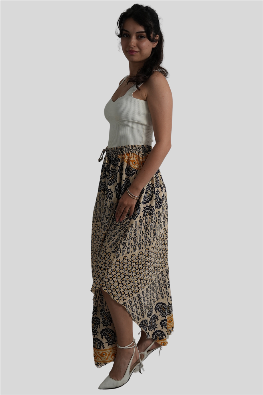 Bej Renk Gold Detaylı İpek Uzun Etek