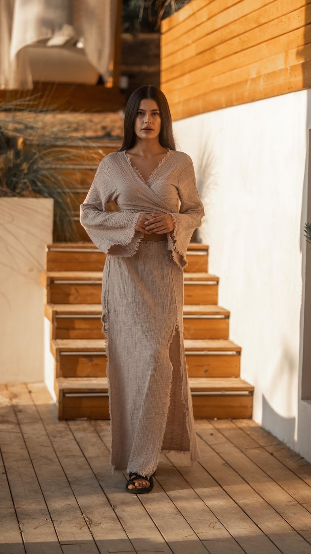 Bej Renk Mikanos Müslin Etek