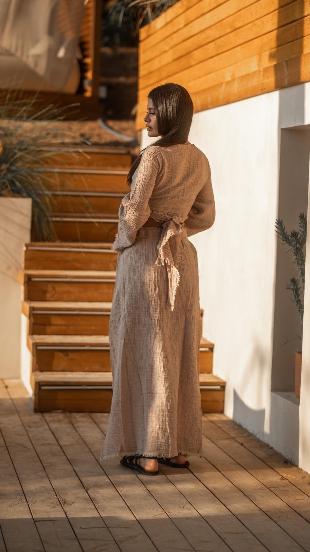 Bej Renk Müslin Crop