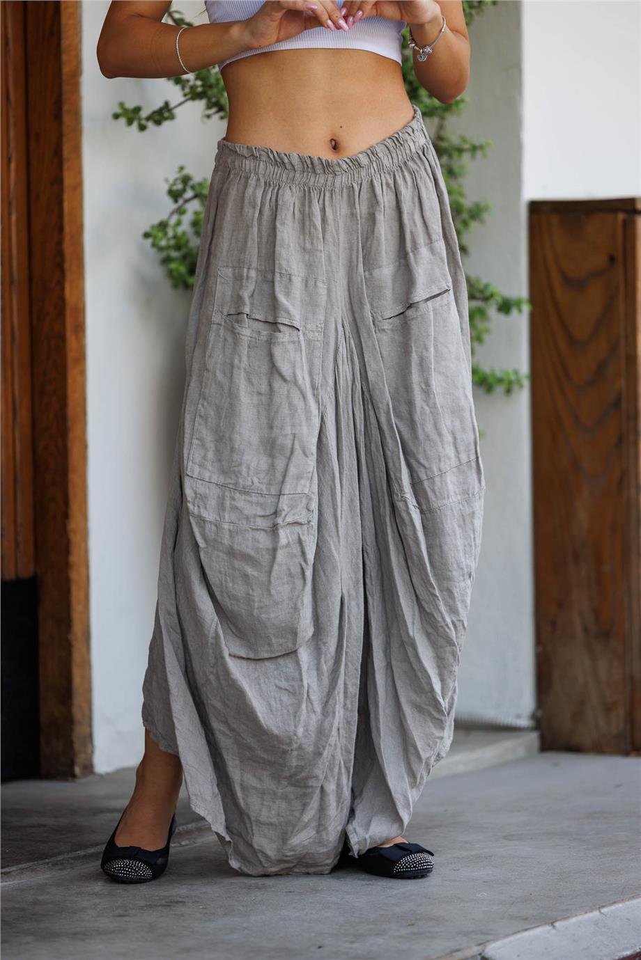 Bej Renk Önü Uzun Arkası Kısa Cep Detaylı İtalyan Keten Şalvar