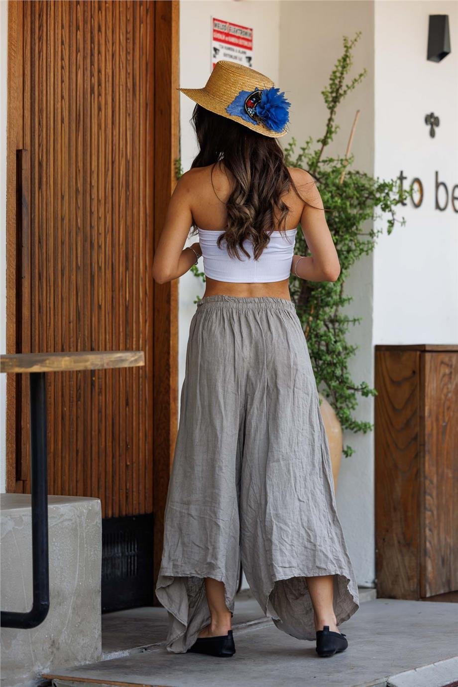 Bej Renk Önü Uzun Arkası Kısa Cep Detaylı İtalyan Keten Şalvar