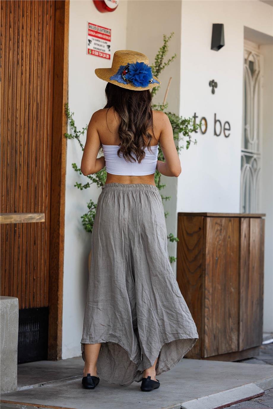 Bej Renk Önü Uzun Arkası Kısa Cep Detaylı İtalyan Keten Şalvar