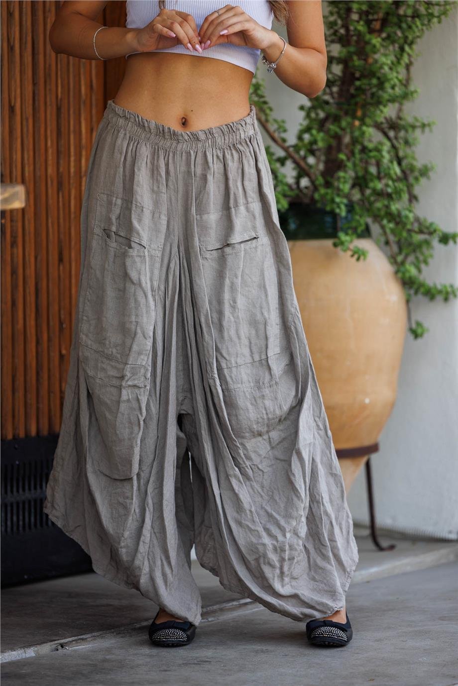 Bej Renk Önü Uzun Arkası Kısa Cep Detaylı İtalyan Keten Şalvar