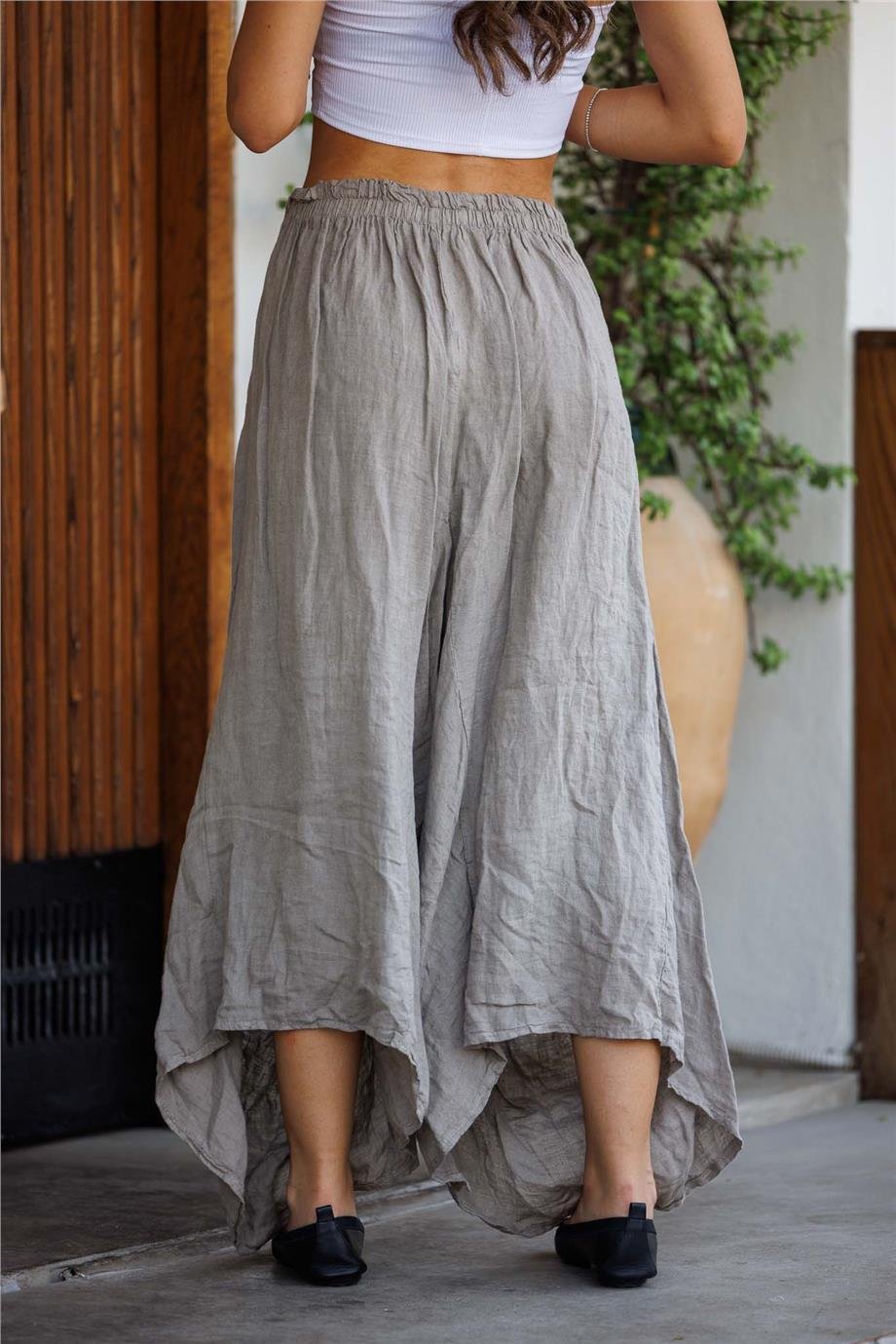 Bej Renk Önü Uzun Arkası Kısa Cep Detaylı İtalyan Keten Şalvar