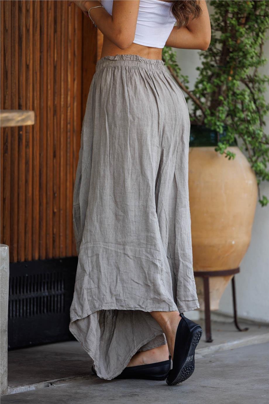 Bej Renk Önü Uzun Arkası Kısa Cep Detaylı İtalyan Keten Şalvar