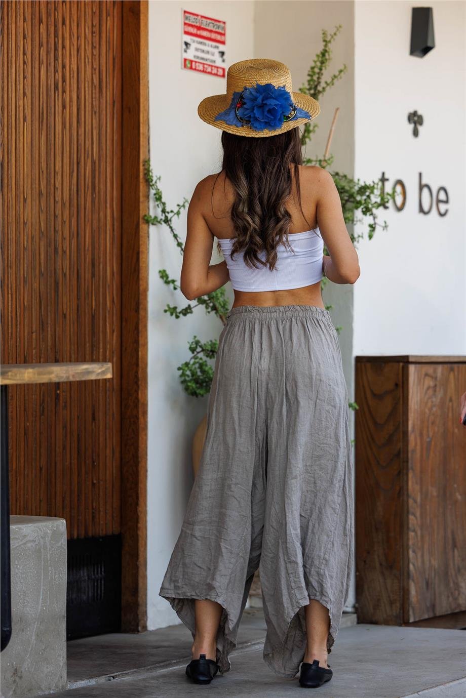 Bej Renk Önü Uzun Arkası Kısa Cep Detaylı İtalyan Keten Şalvar