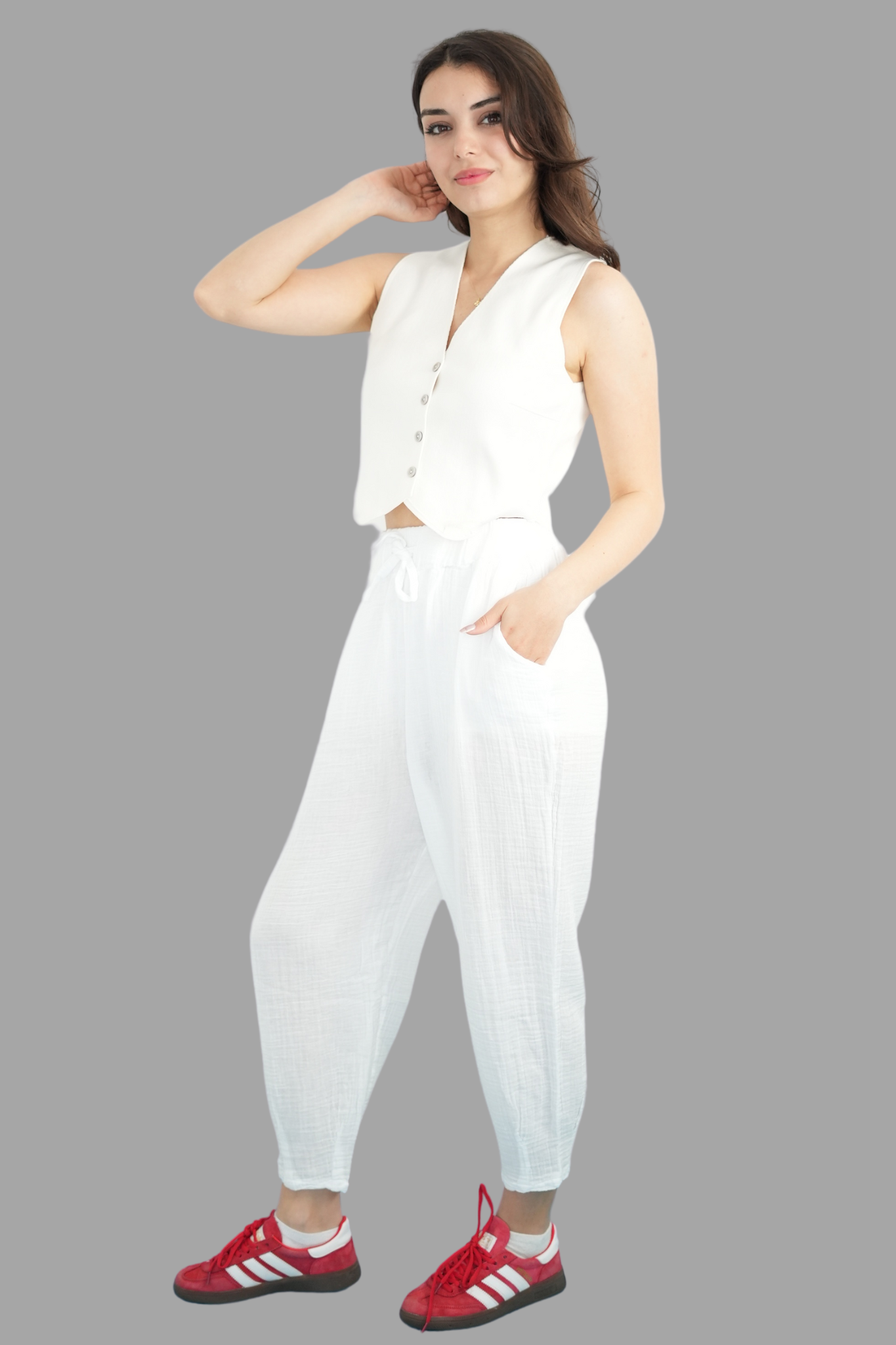 Beyaz Beli Lastikli Müslin Pantolon