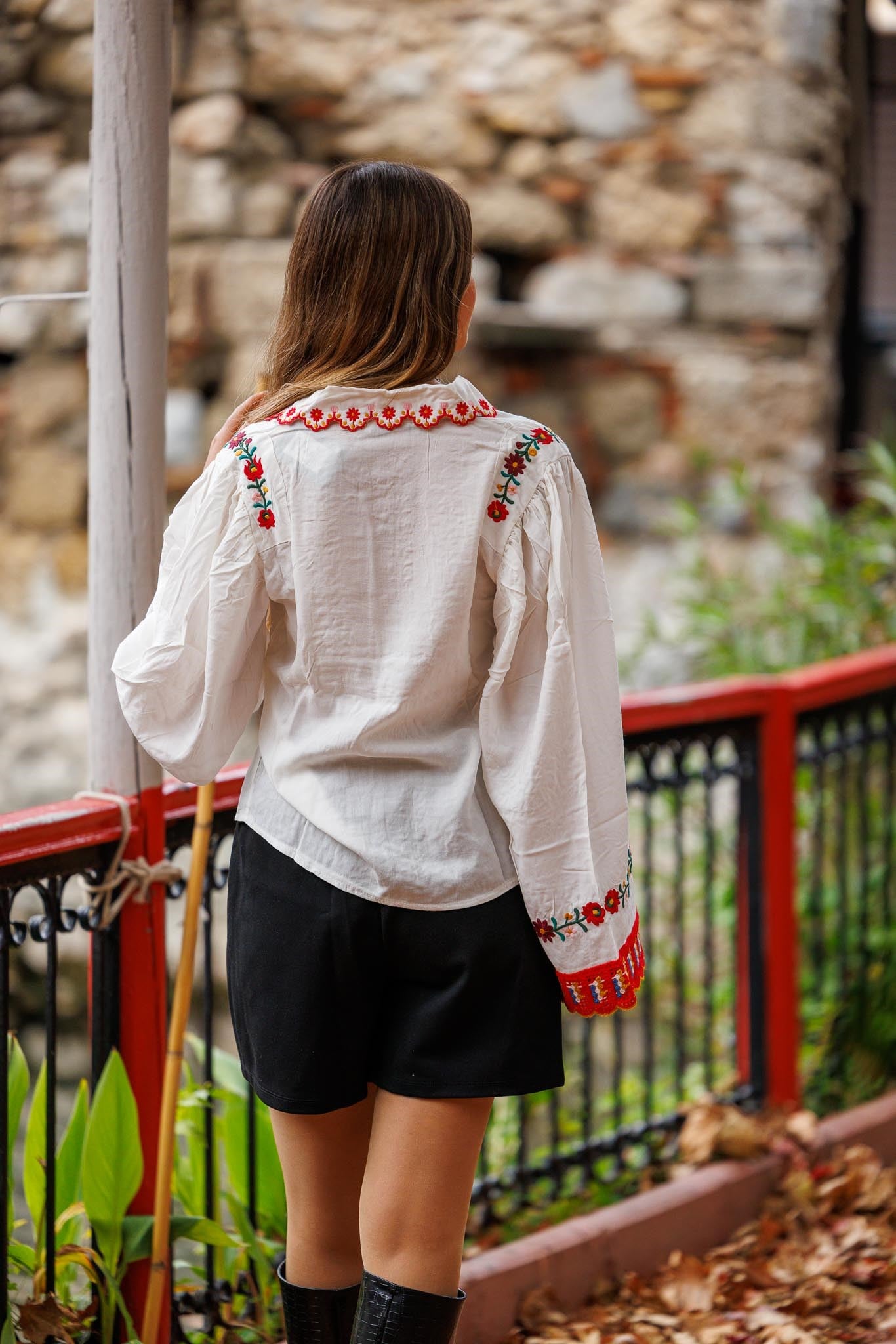 White Button-Front Embroidered Blouse with Knitted Sleeve Detail