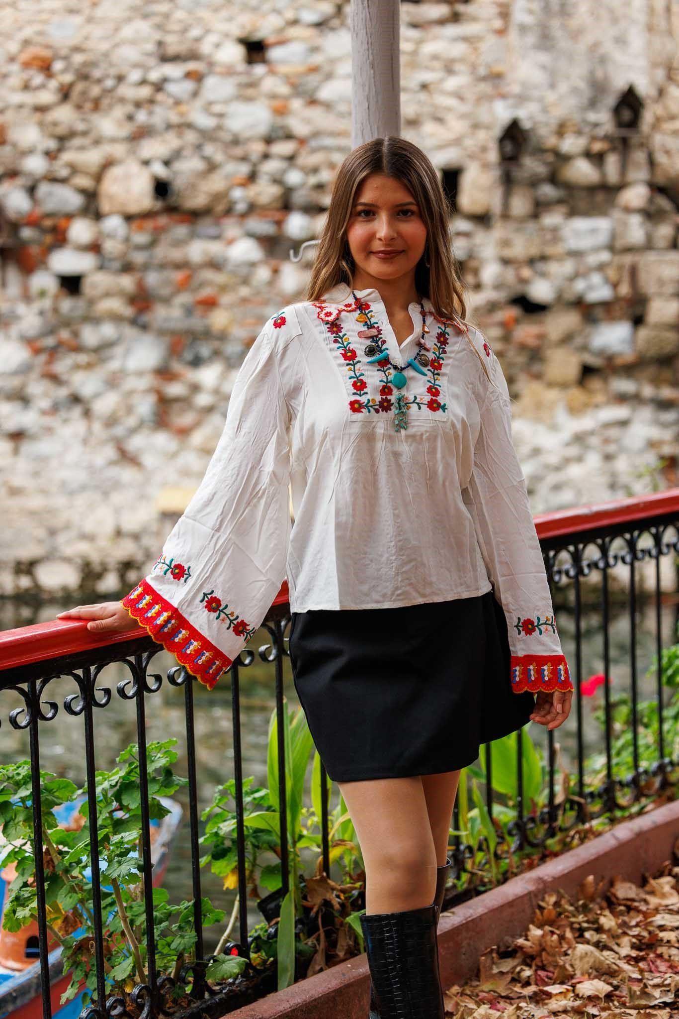 White Button-Front Embroidered Blouse with Knitted Sleeve Detail