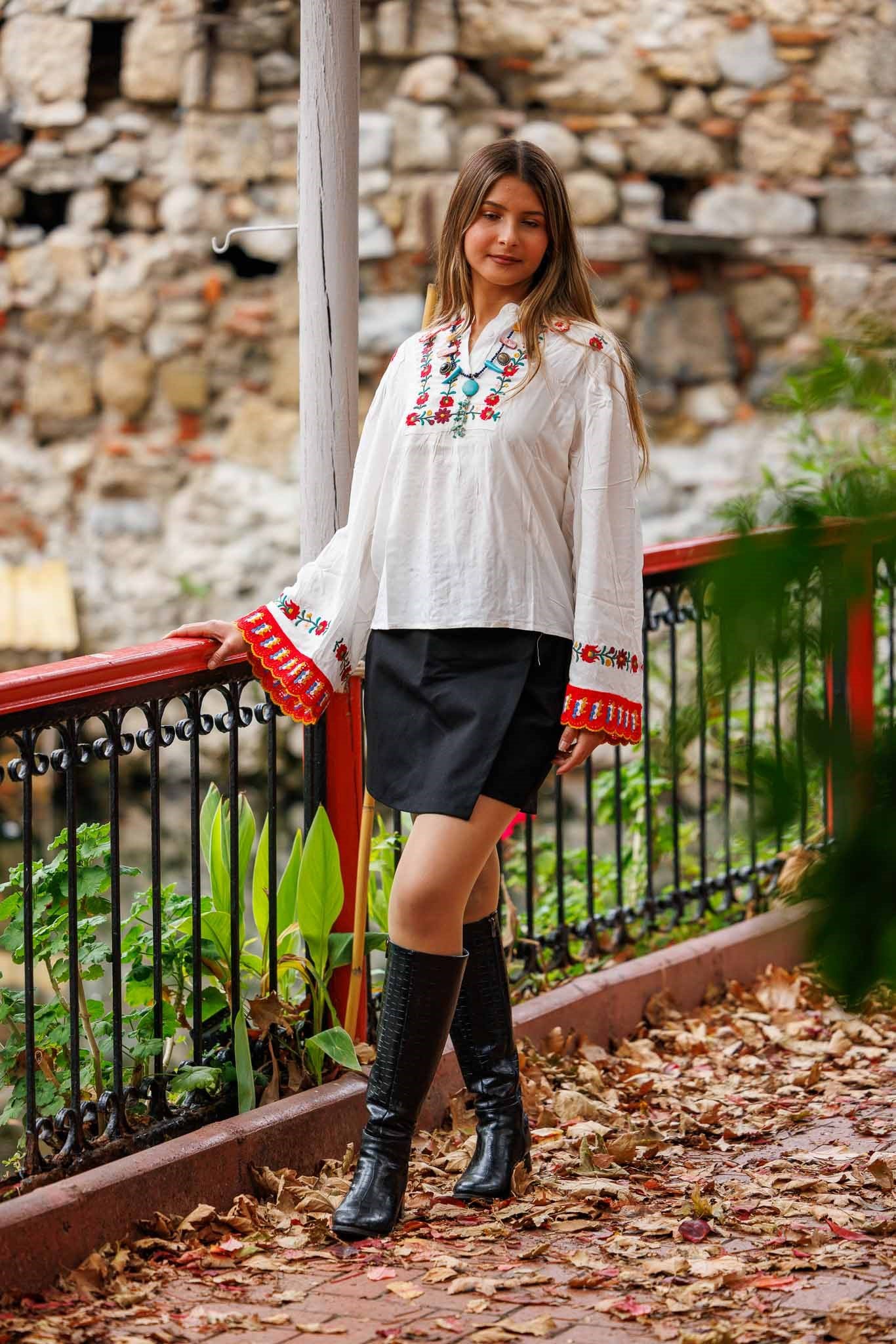 White Button-Front Embroidered Blouse with Knitted Sleeve Detail