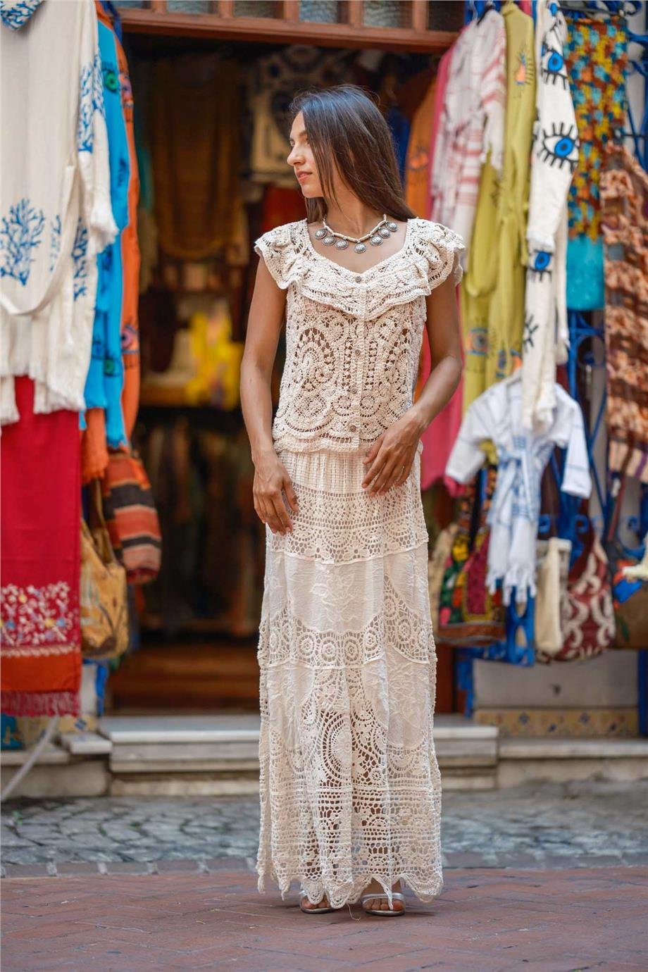 Beyaz Renk Örme Dantel Etek