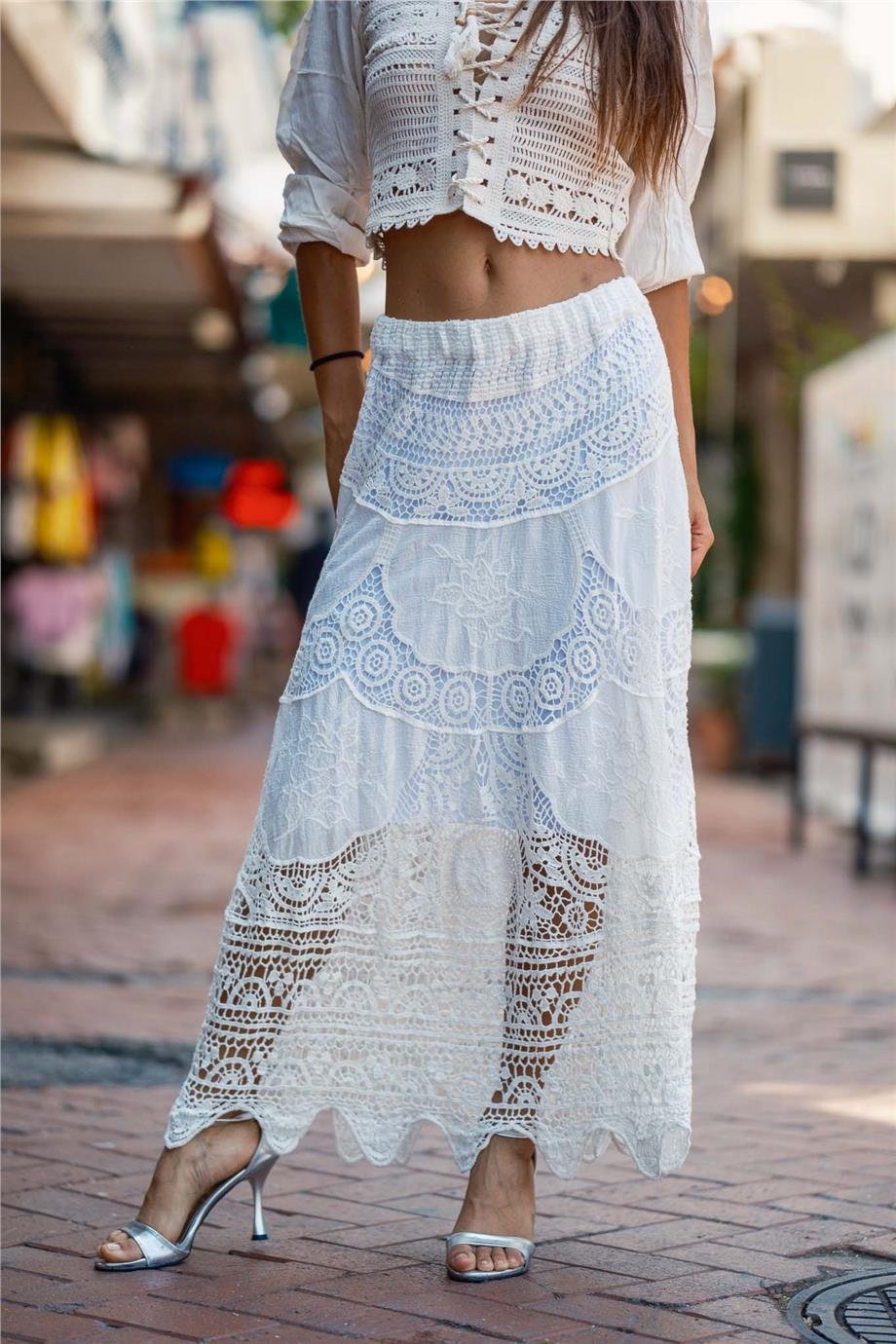 Beyaz Renk Örme Dantel İtalyan Etek