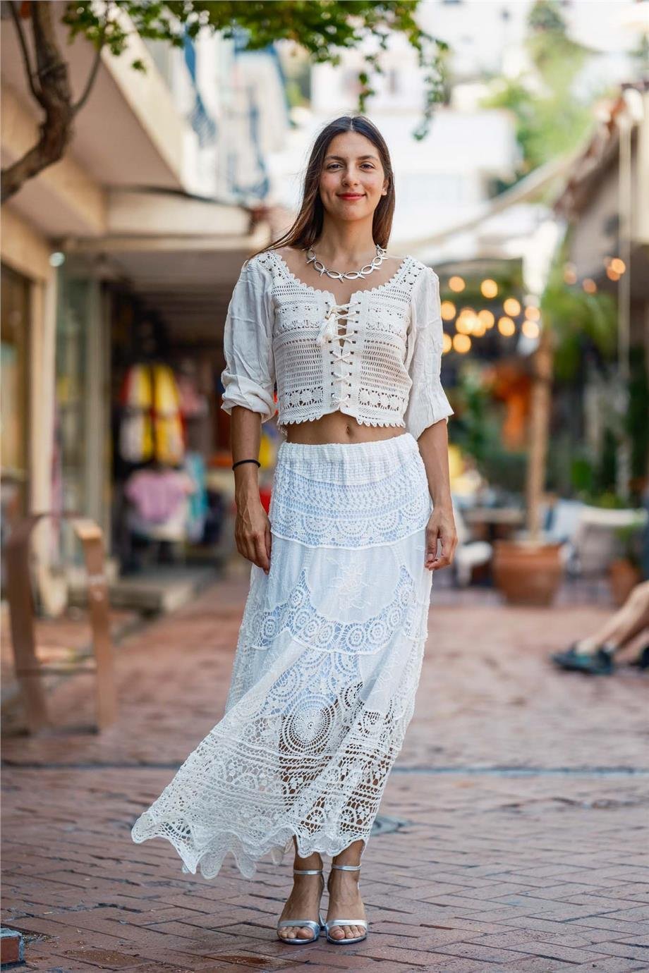 Beyaz Renk Örme Dantel İtalyan Etek