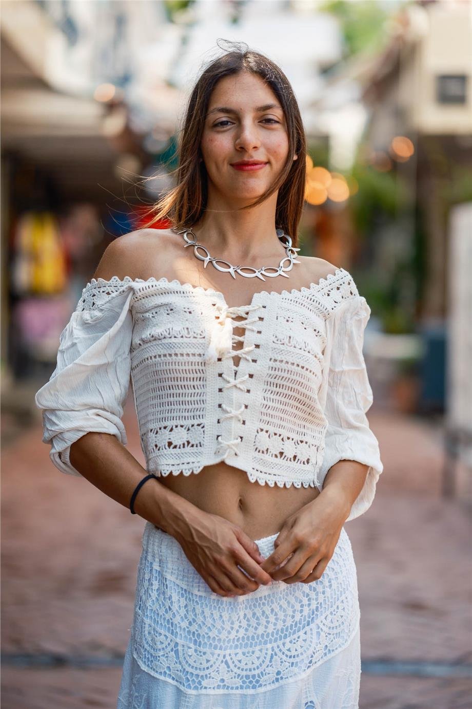 Beyaz Renk Örme Dantel İtalyan Etek