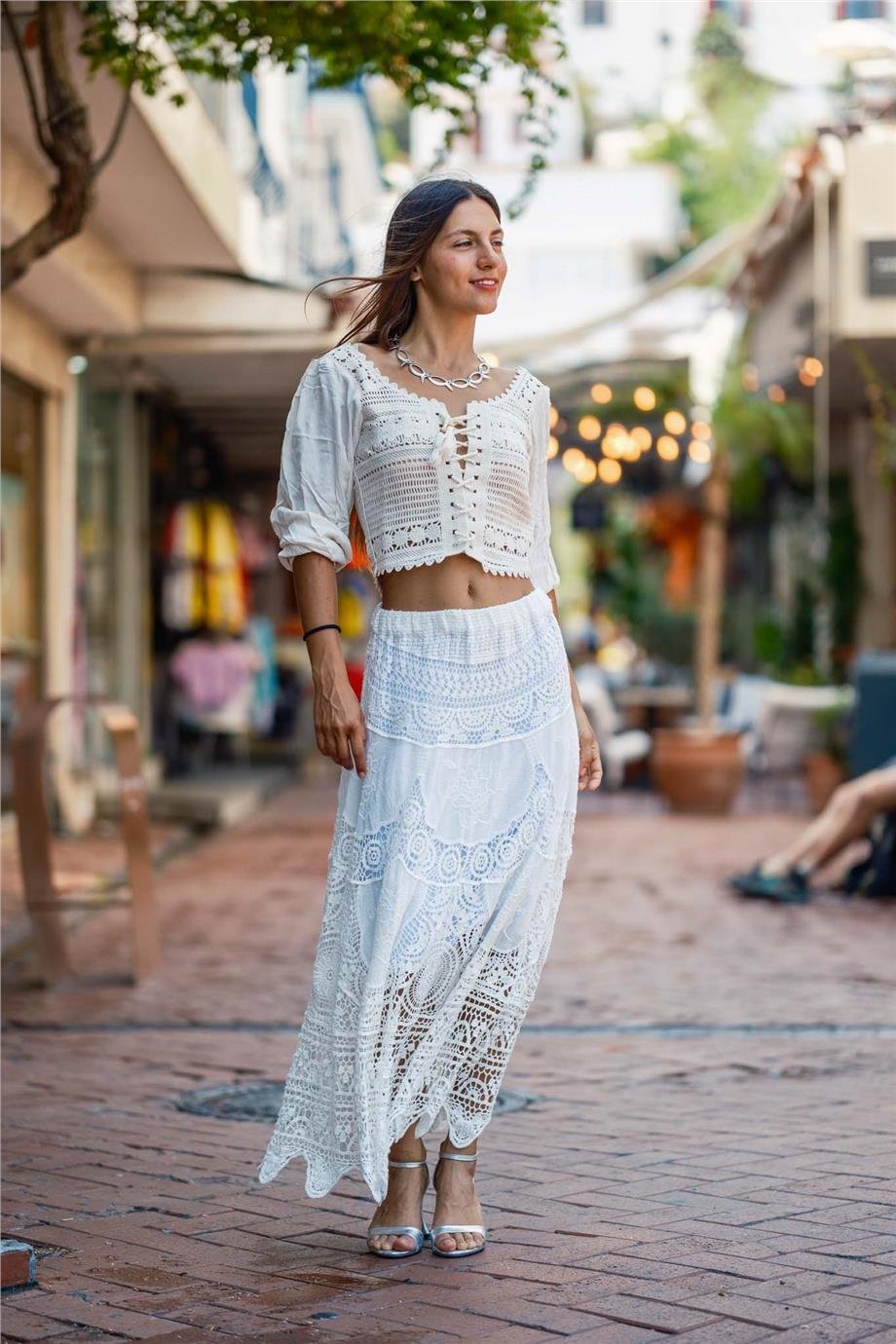 Beyaz Renk Örme Dantel İtalyan Etek