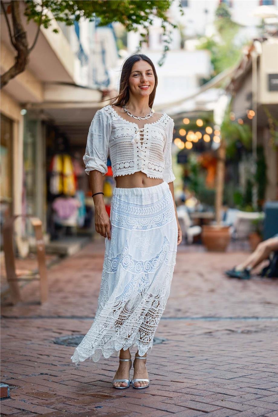 Beyaz Renk Örme Dantel İtalyan Etek