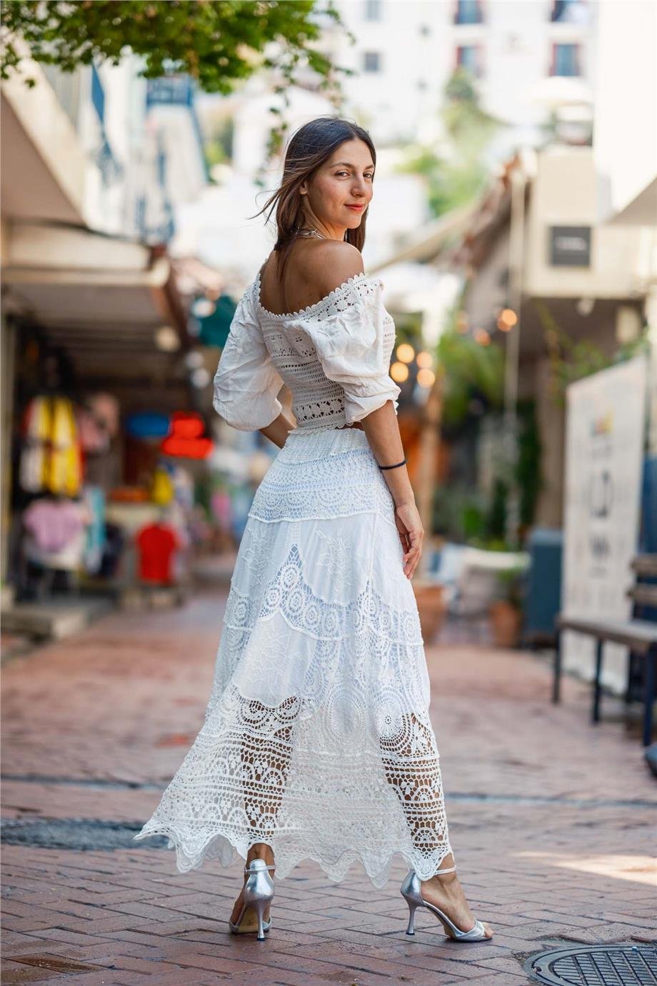Beyaz Renk Örme Dantel İtalyan Etek