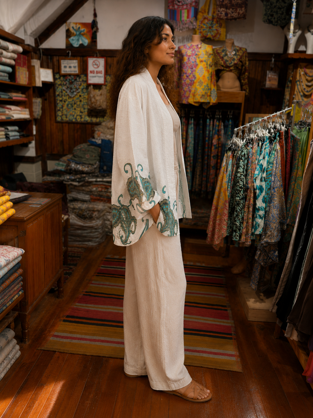 Beyaz Renk Paisley Desenli Çift Taraflı İthal Kimono