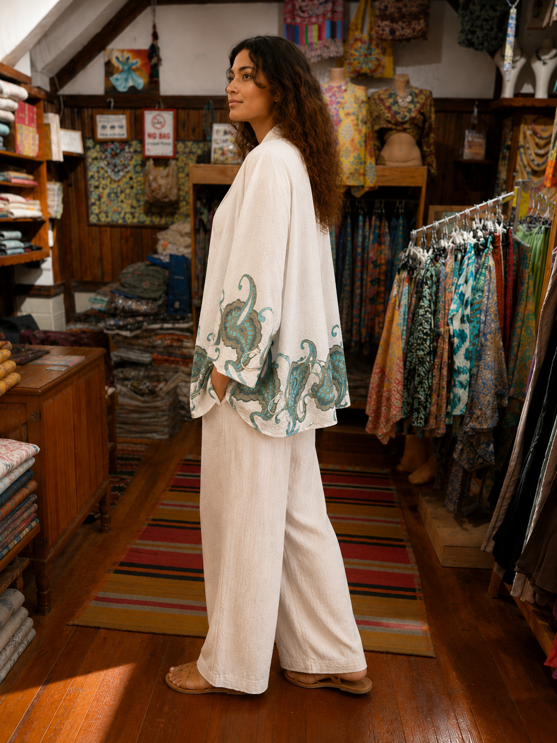 Beyaz Renk Paisley Desenli Çift Taraflı İthal Kimono