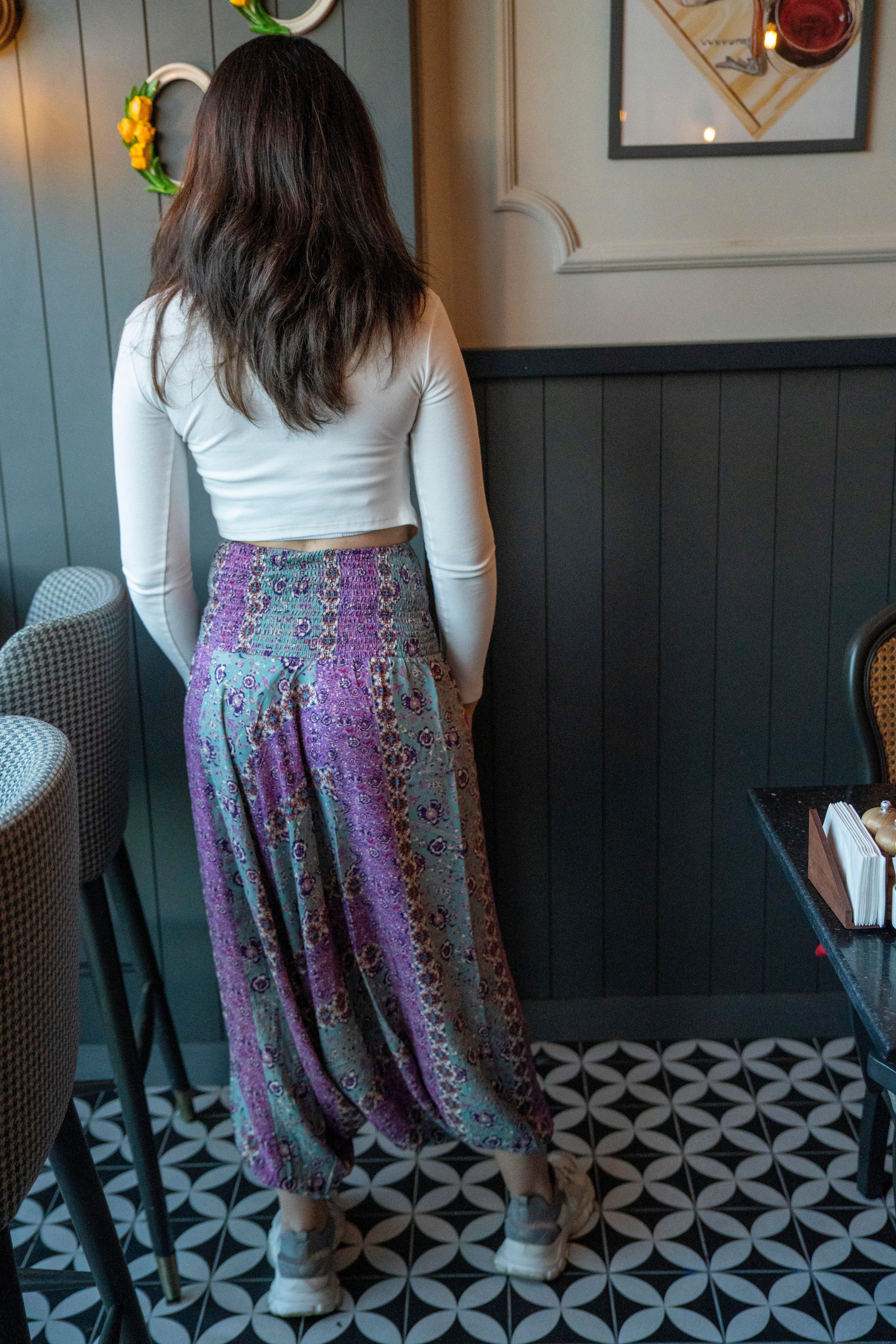 Bohem Lila Gipe Bel Detaylı Şalvar