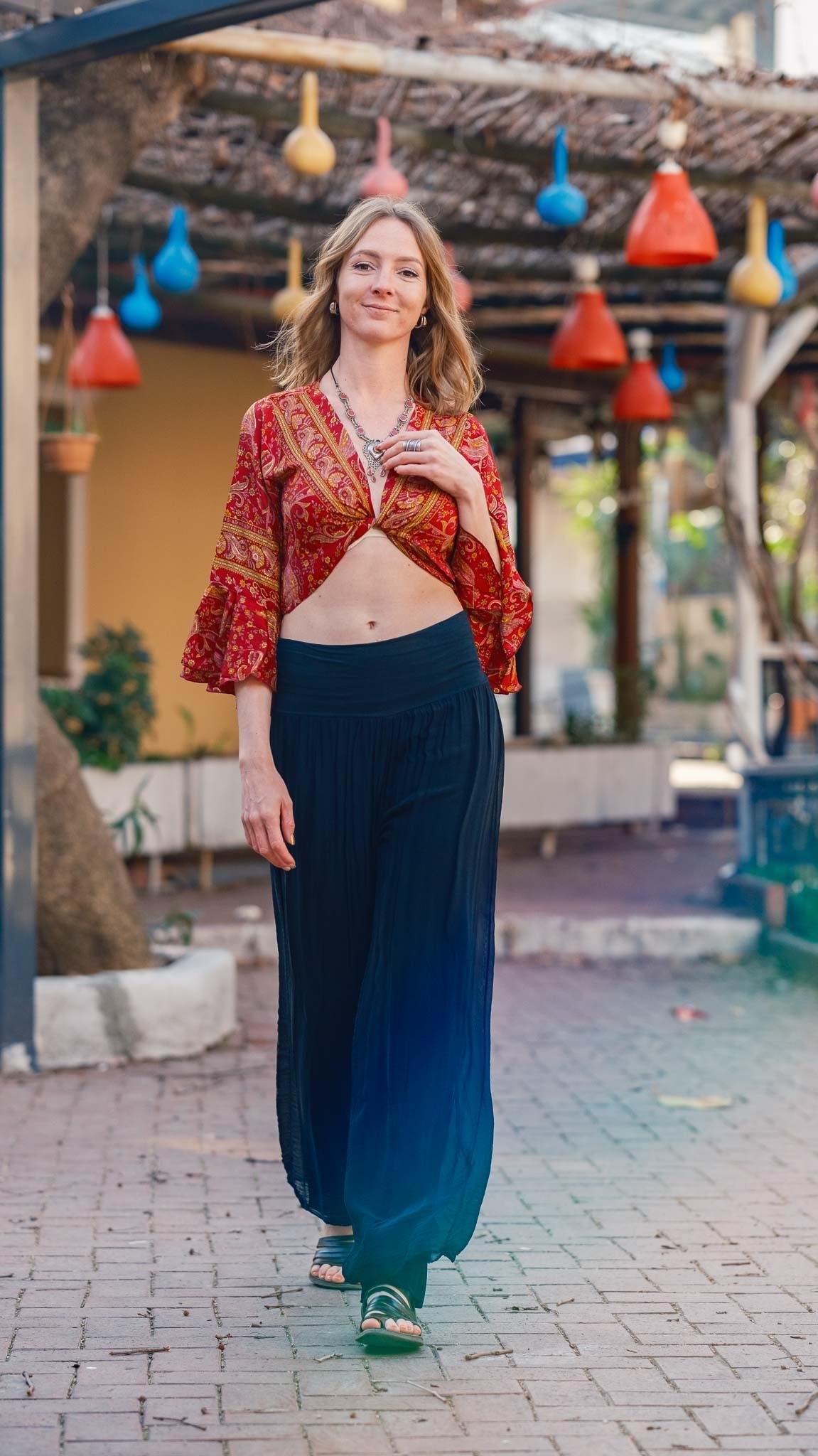 Bordo İspanyol Kol Desenli İpek Bluz