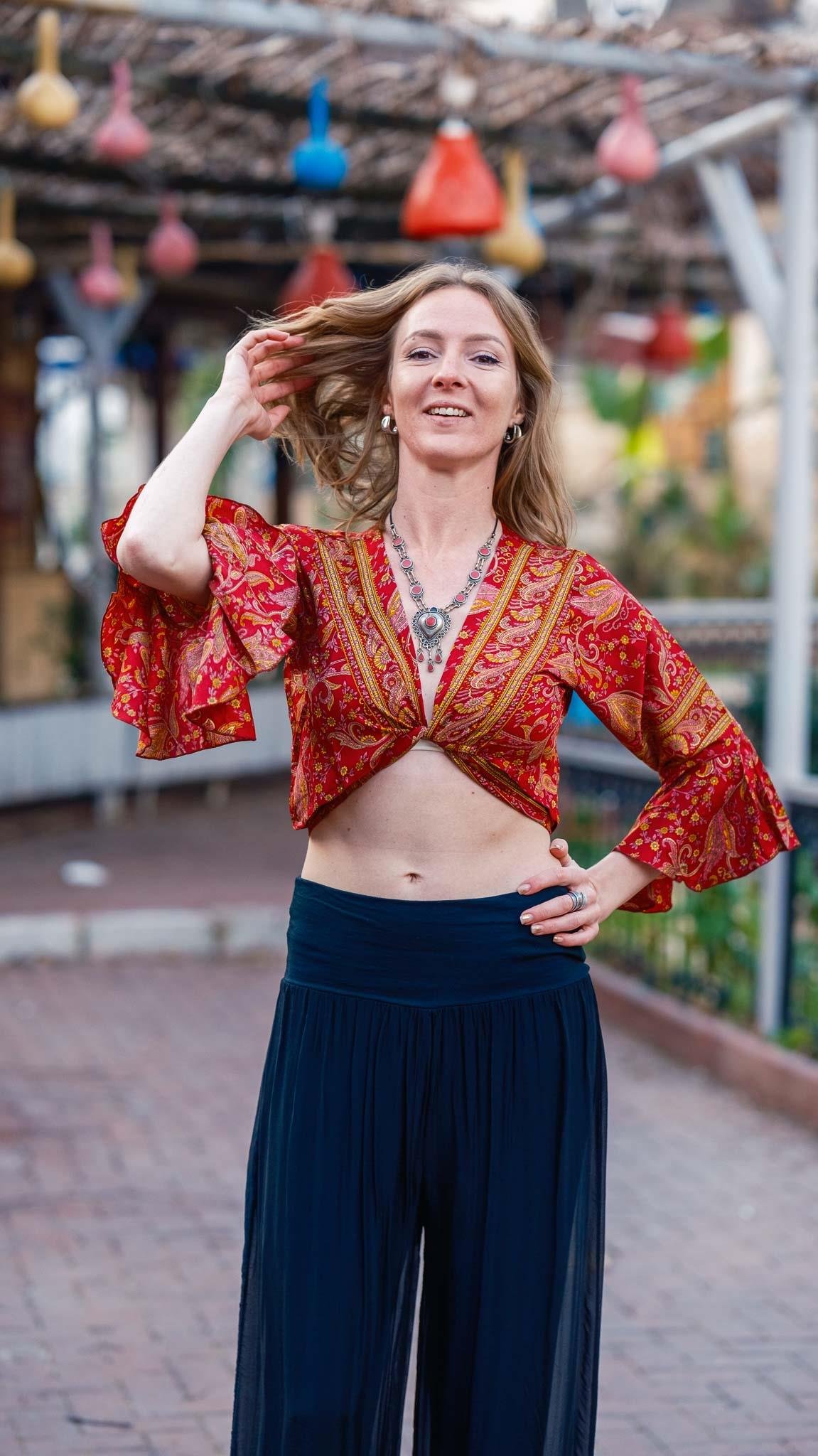 Bordo İspanyol Kol Desenli İpek Bluz