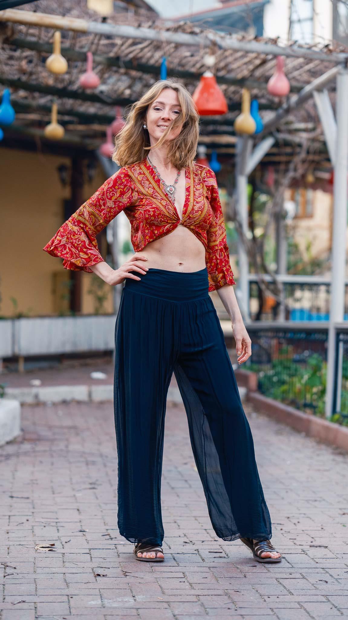 Bordo İspanyol Kol Desenli İpek Bluz