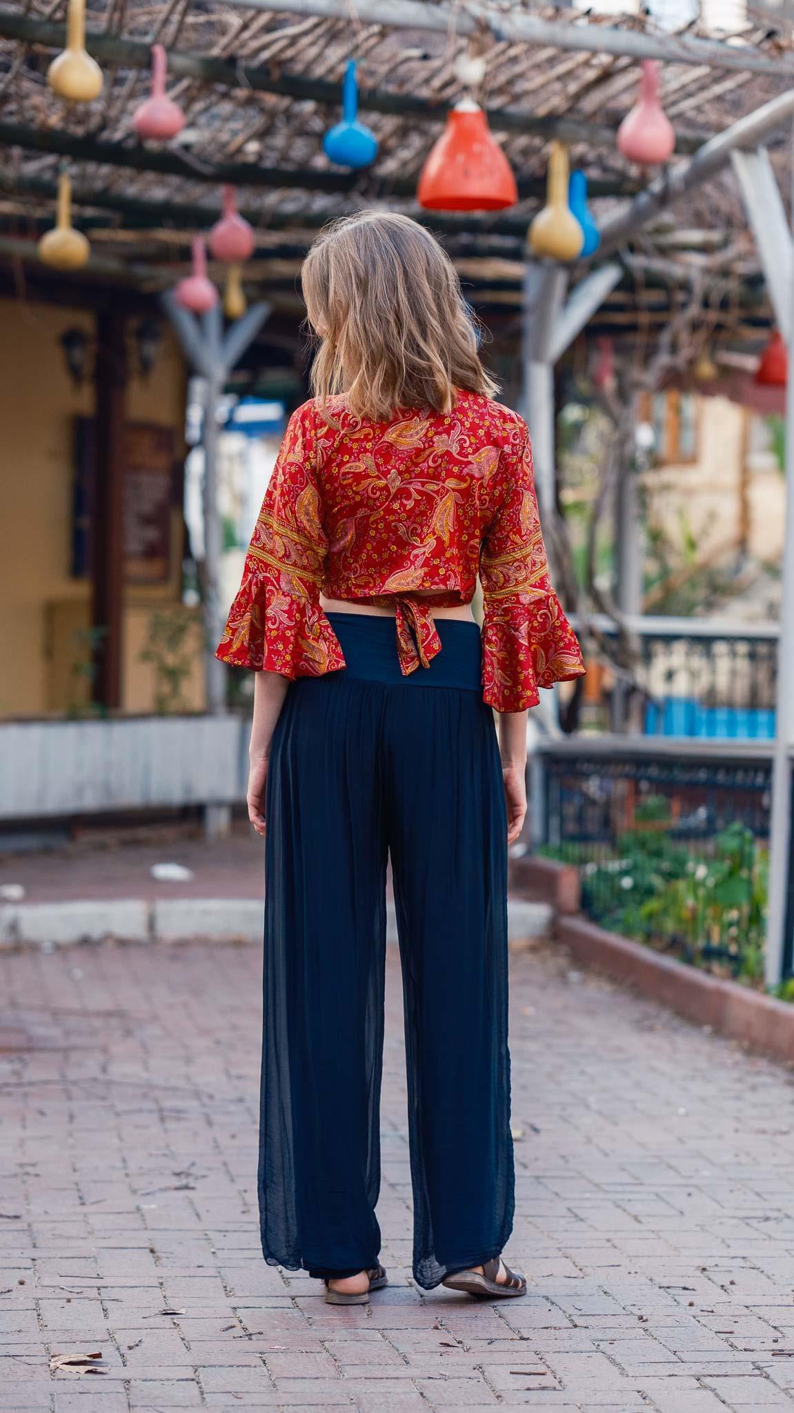 Bordo İspanyol Kol Desenli İpek Bluz