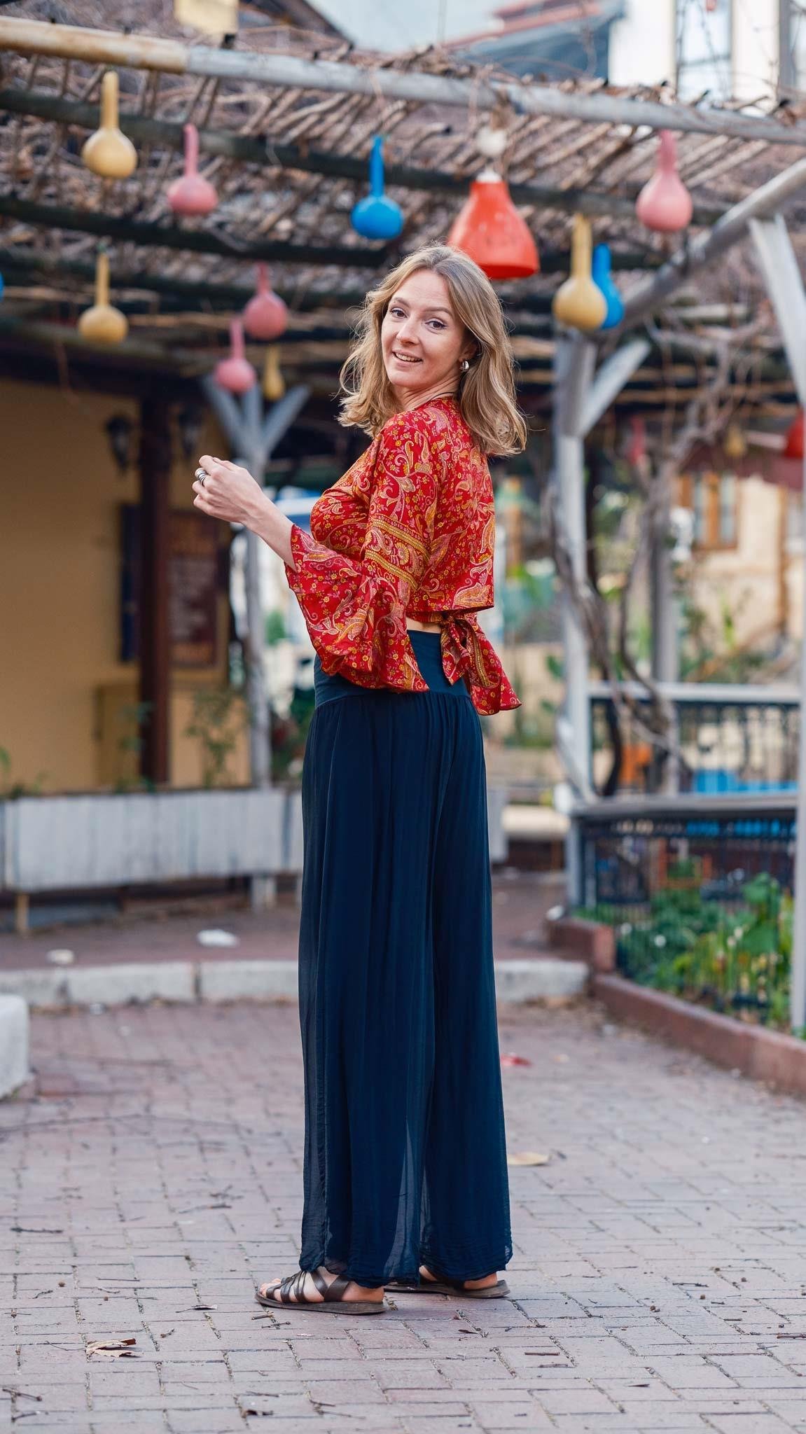 Bordo İspanyol Kol Desenli İpek Bluz