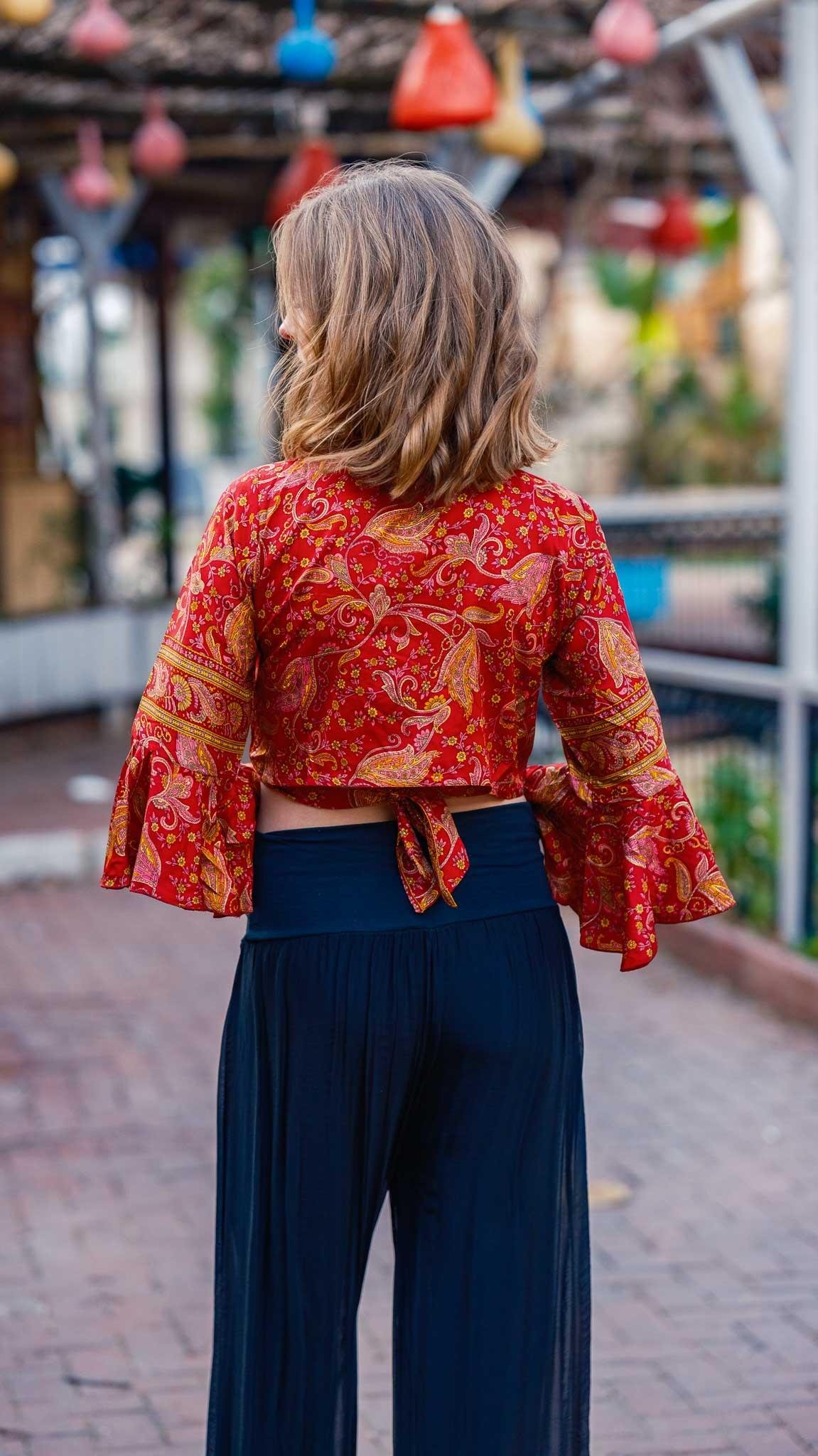 Bordo İspanyol Kol Desenli İpek Bluz