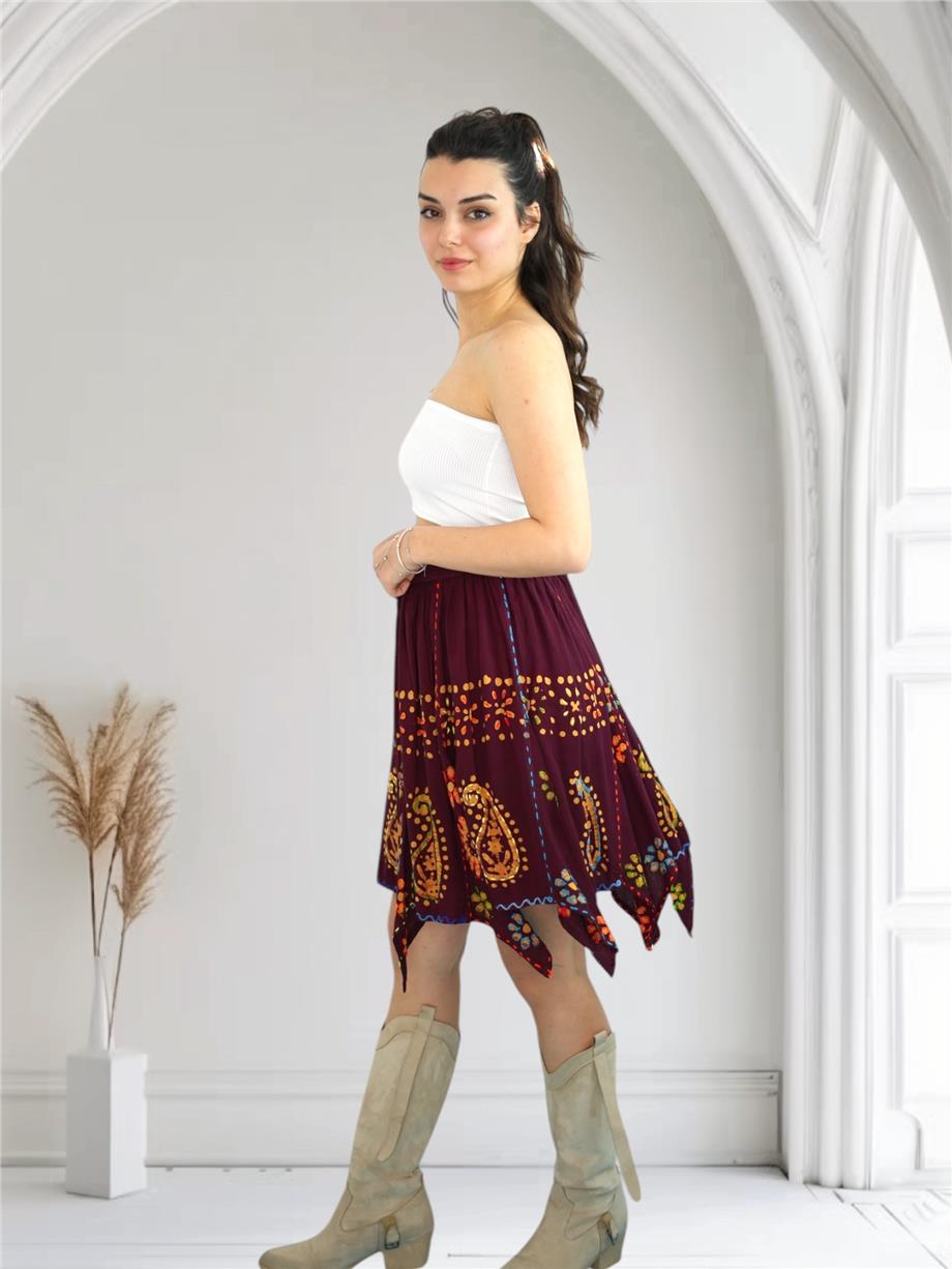 Bordo Nakışlı Hint Etek