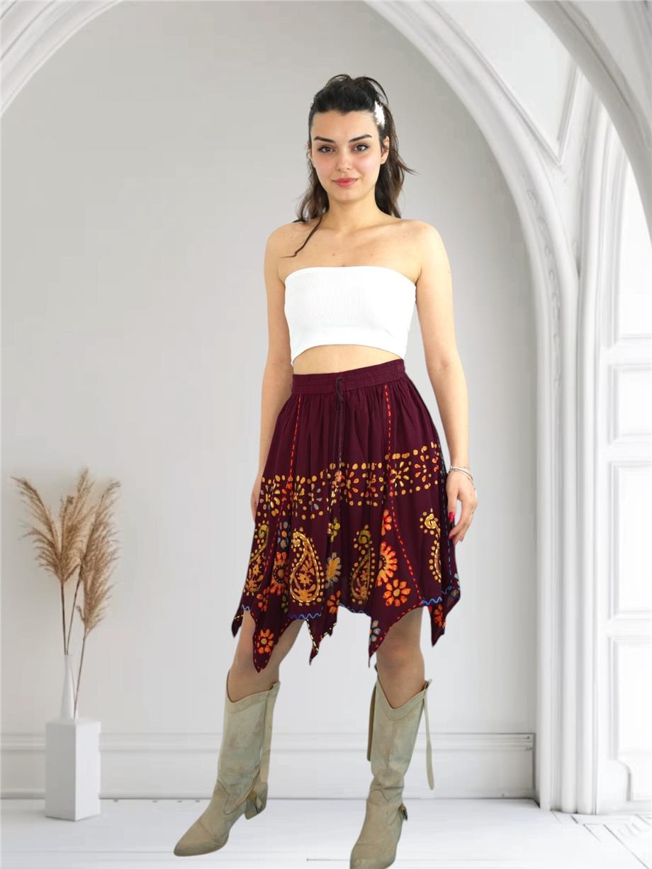 Bordo Nakışlı Hint Etek