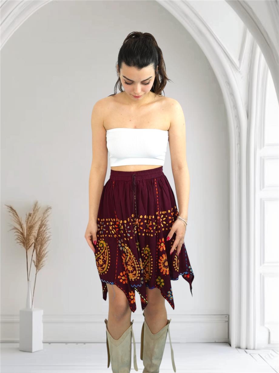 Bordo Nakışlı Hint Etek