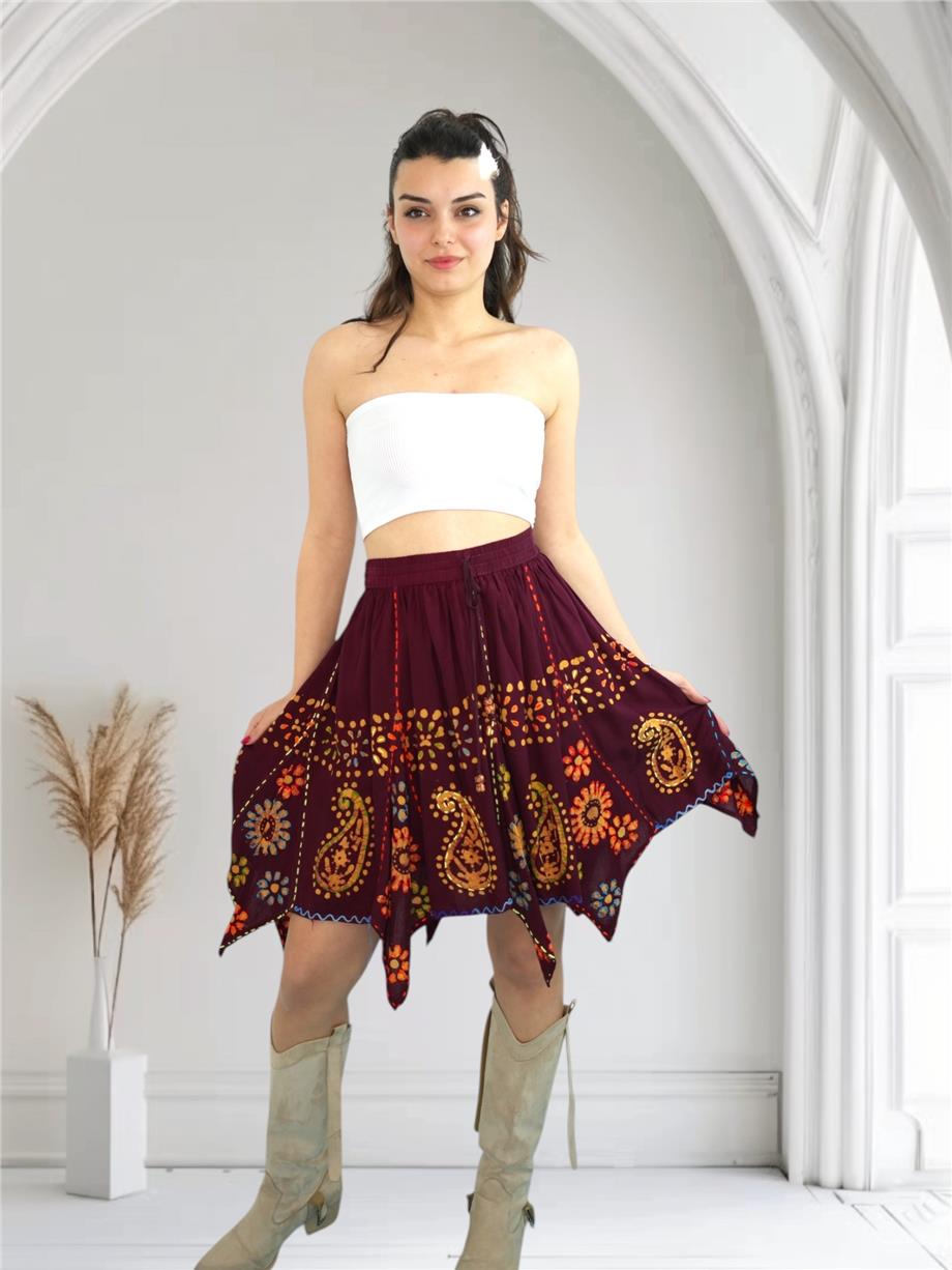 Bordo Nakışlı Hint Etek