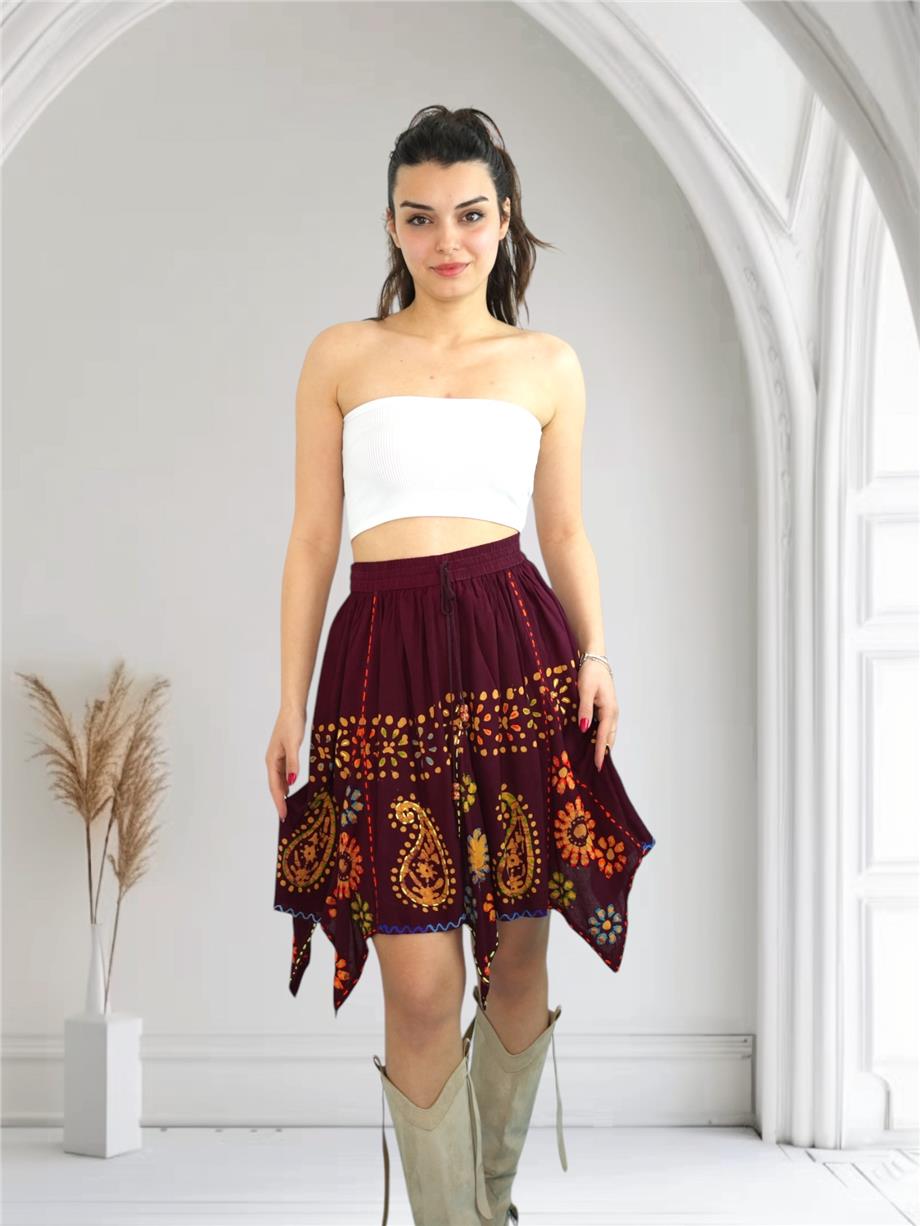 Bordo Nakışlı Hint Etek