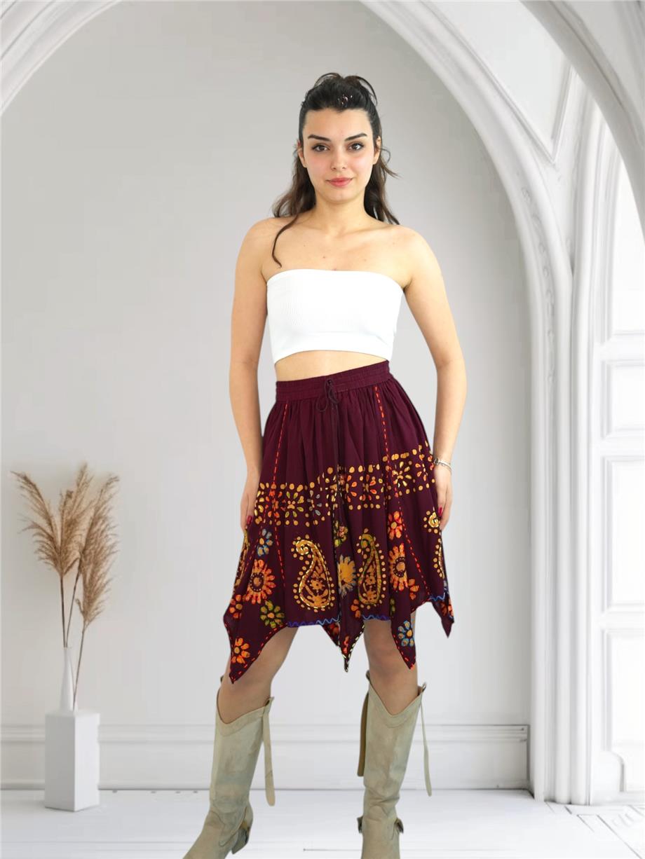 Bordo Nakışlı Hint Etek