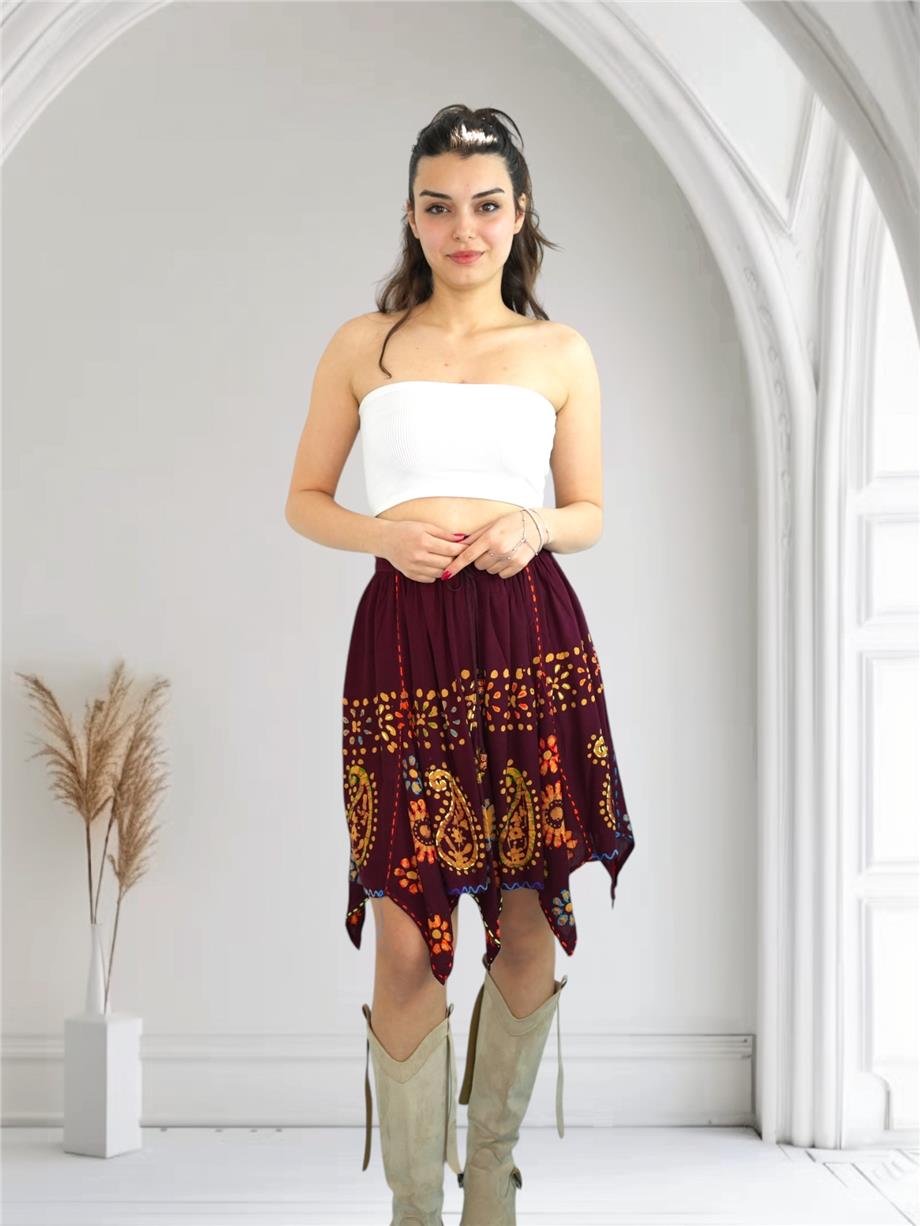 Bordo Nakışlı Hint Etek