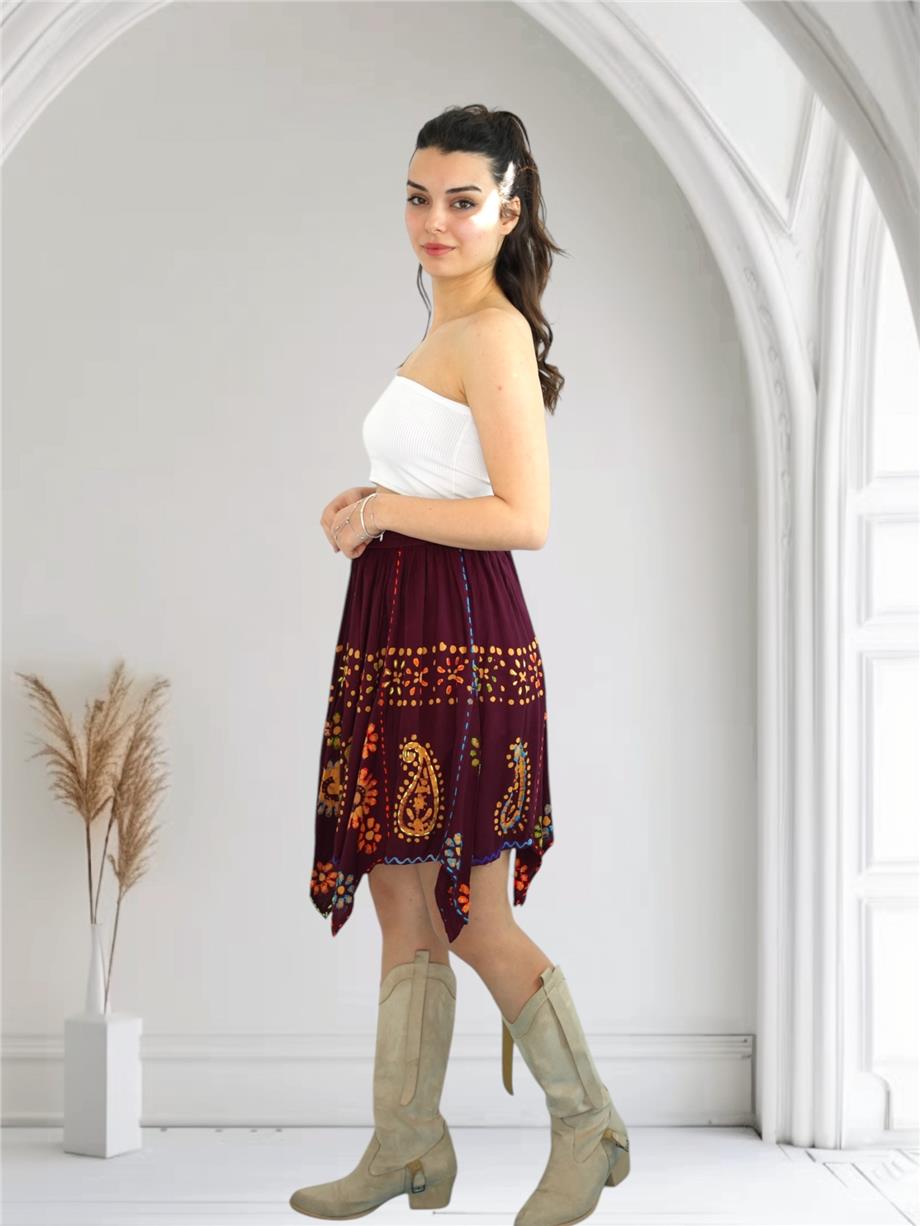Bordo Nakışlı Hint Etek