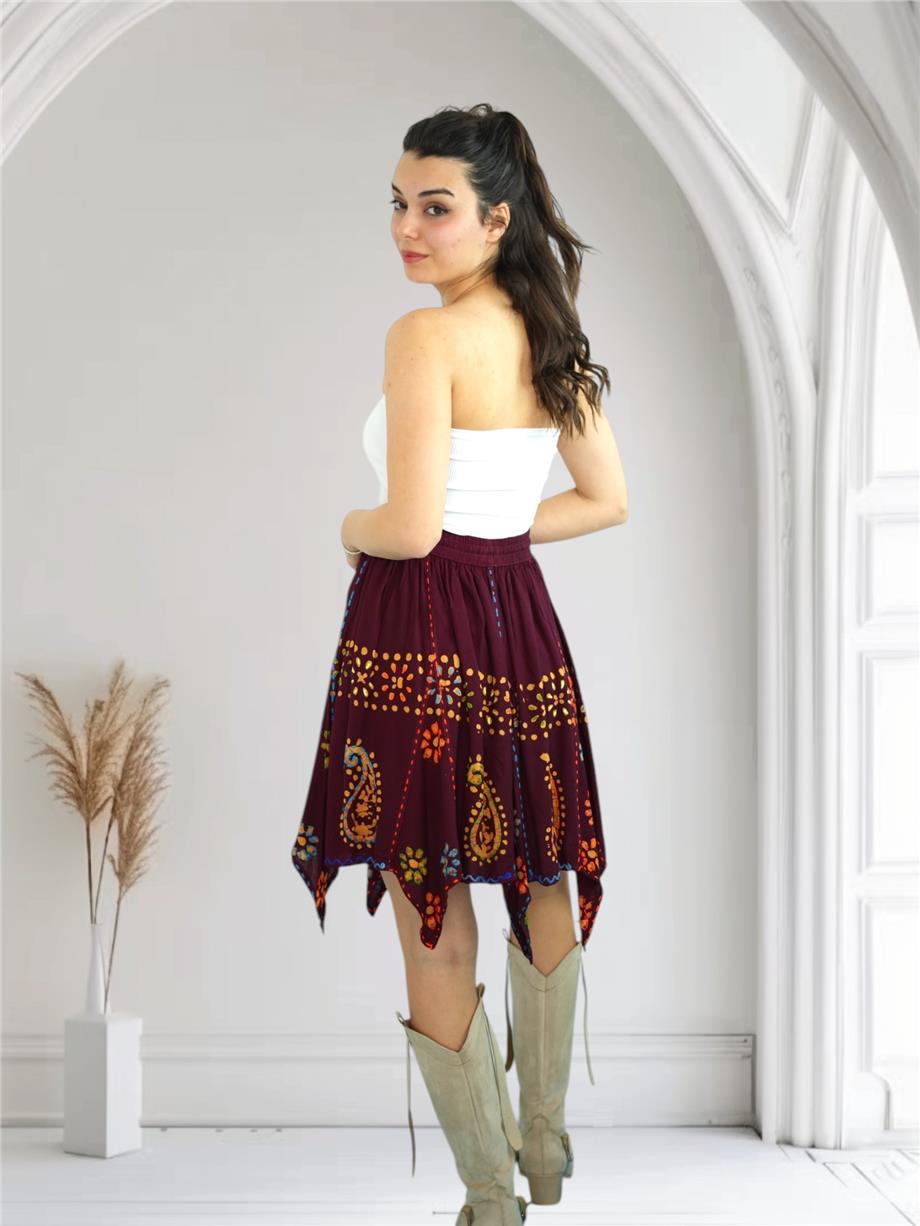 Bordo Nakışlı Hint Etek