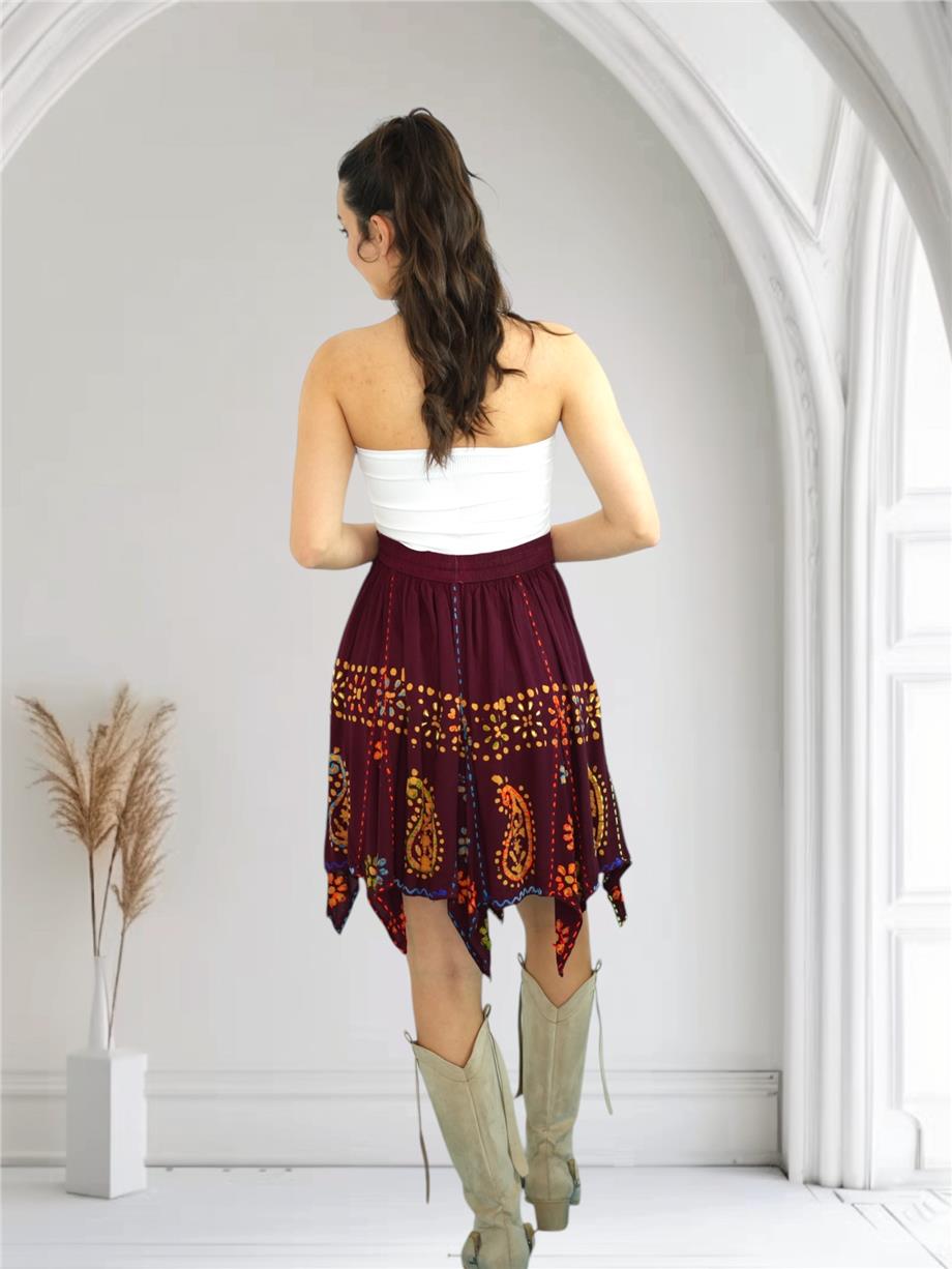 Bordo Nakışlı Hint Etek