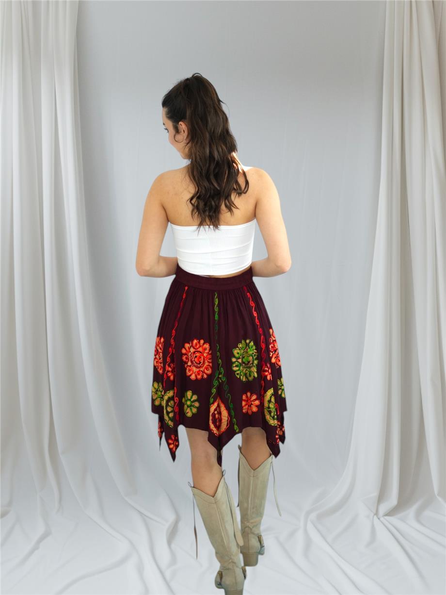 Bordo Nakışlı Papatya Desenli Hint Etek