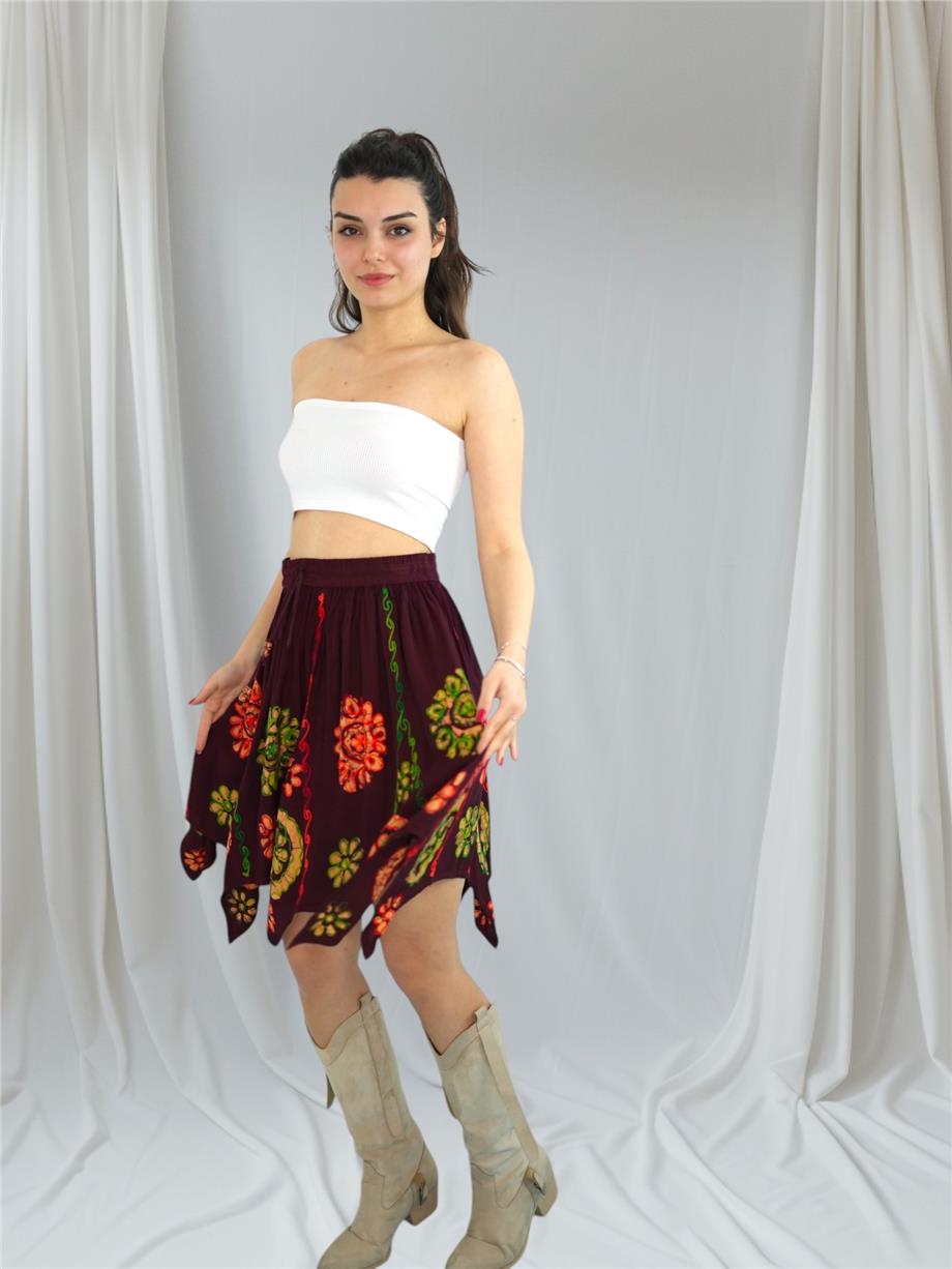 Bordo Nakışlı Papatya Desenli Hint Etek
