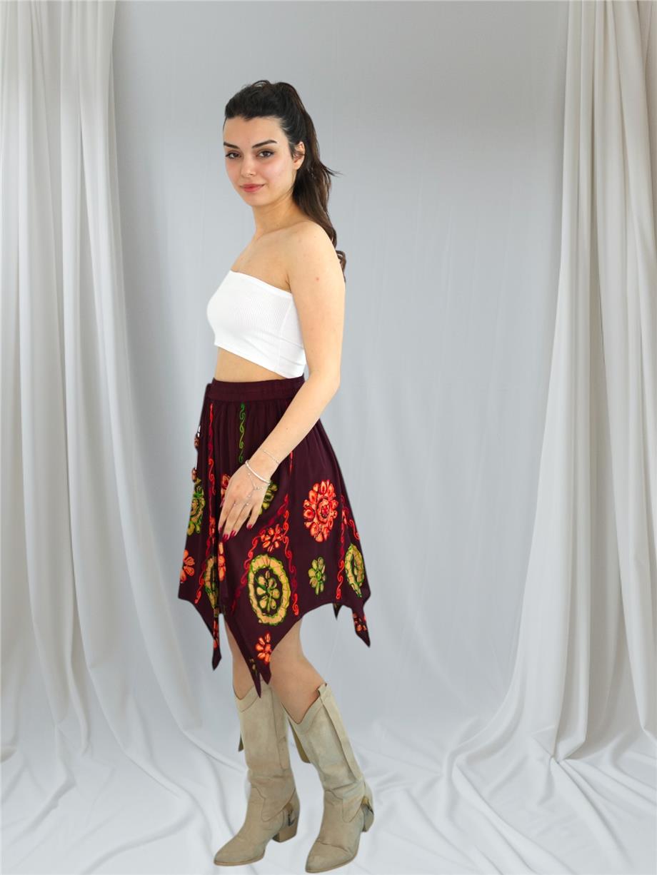 Bordo Nakışlı Papatya Desenli Hint Etek